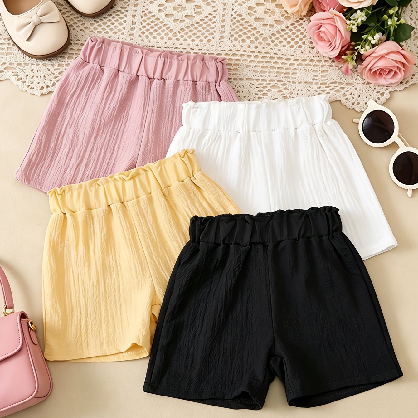 TEMU 4-pc Of Girls' Seersucker Shorts, Cool And Breathable In Summer, Soft And Comfortable Bright Basic Versatile ' Shorts, Leggings, Versatile To