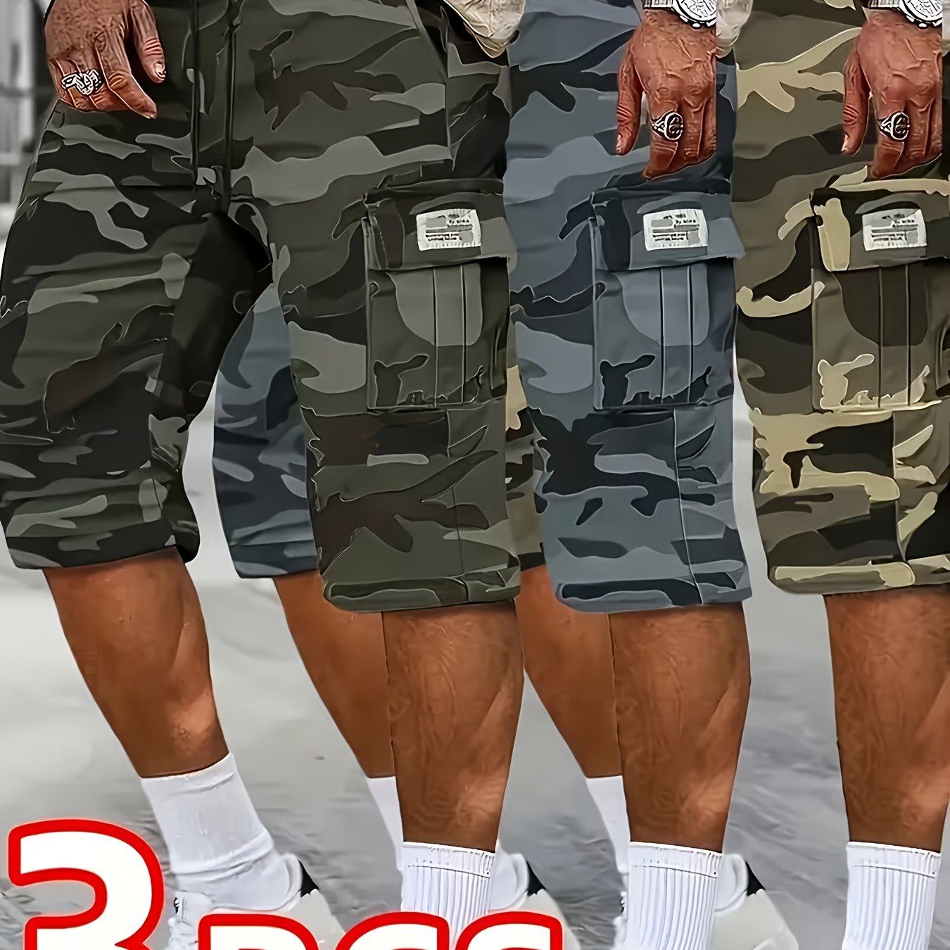 TEMU Men's Multifunctional Work Shorts 3pcs Set, Casual Sports Shorts - Multiple Pockets With Tear-resistant Fabric (includes Wristband), Adjustable
