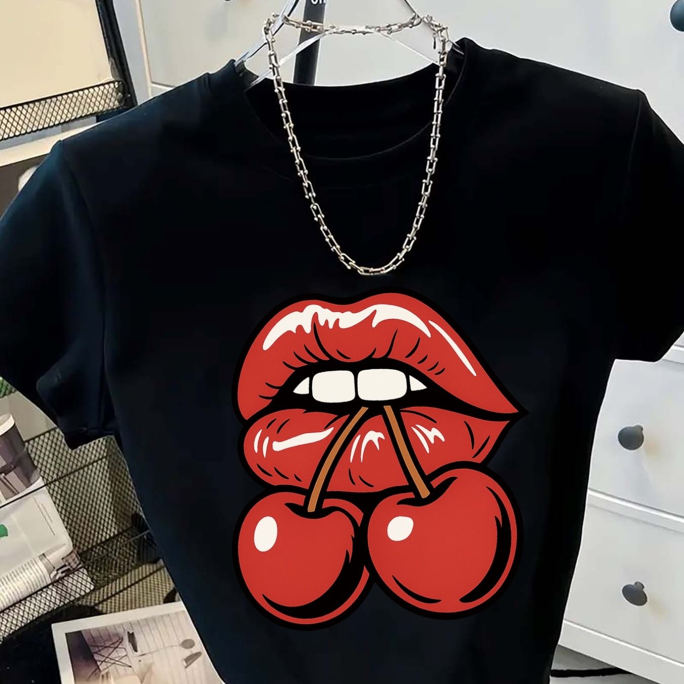 TEMU Spicy Front Print T-shirt, , Sweet Cherry Crew Neck T-shirt, Y2k Short Sleeve T-shirt, Spring/summer, Women's Cropped T-shirt