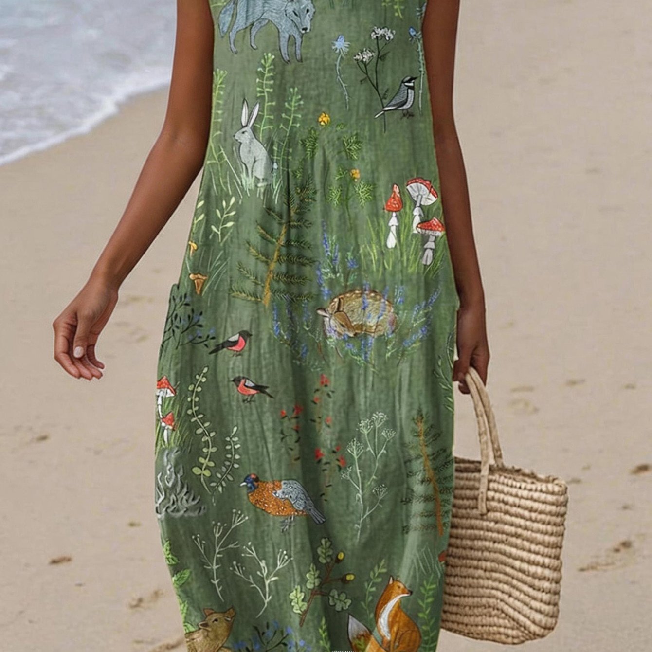Image of Plus Size - [plus Size] Bohemian Style Print Animal And Plant Print Loose Sleeveless Round Neck Vest Beach Dress With Side Pockets. Women's Casual Beach Vacation Midi Dress, Suitable For Commuting And