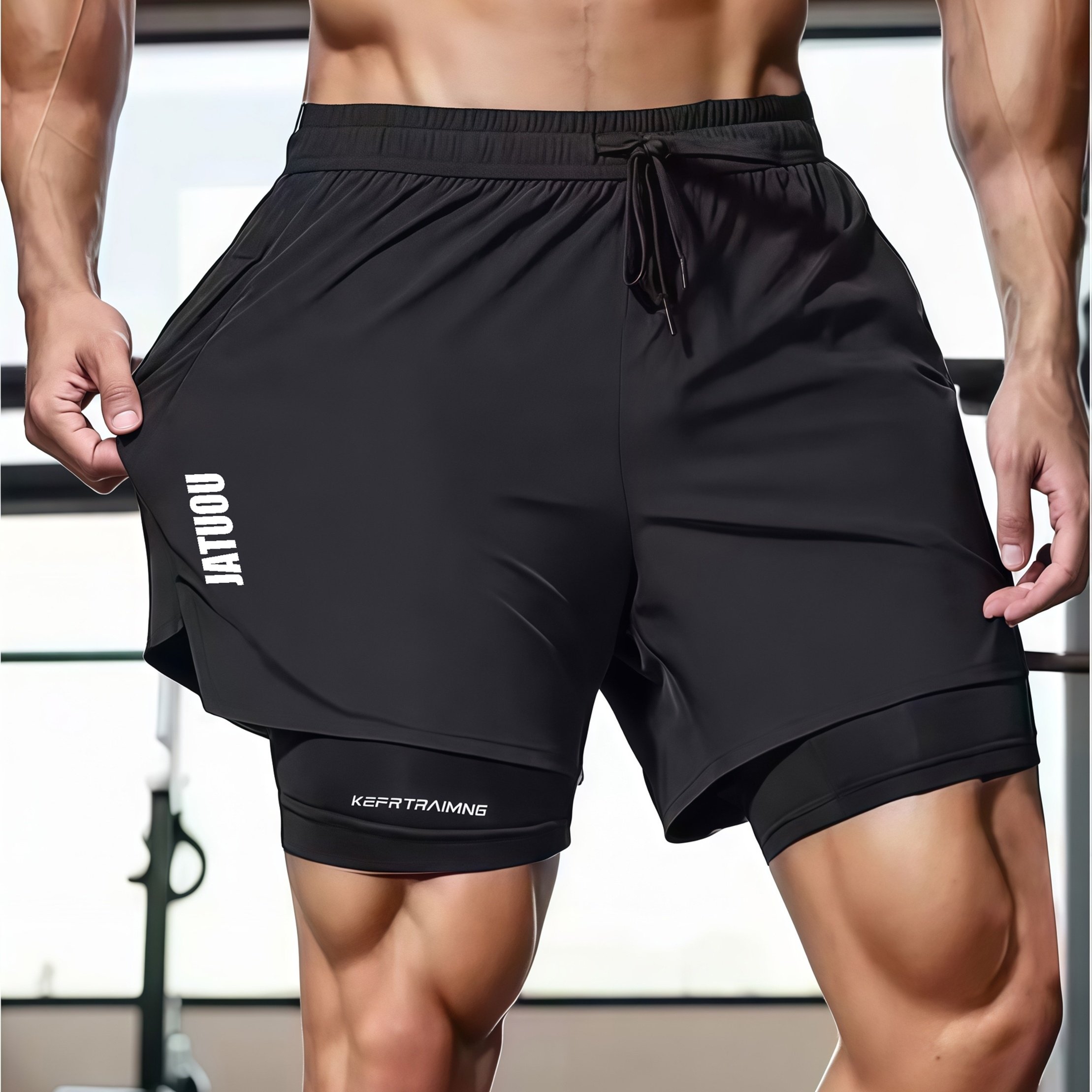 The Jatuou Brand, Men's Short Pants, Sports Pants, Running Pants, Gym Training Three-piece Pants, Anti-bareback Short Pants, Men's Fake Two-piece One-piece Shorts