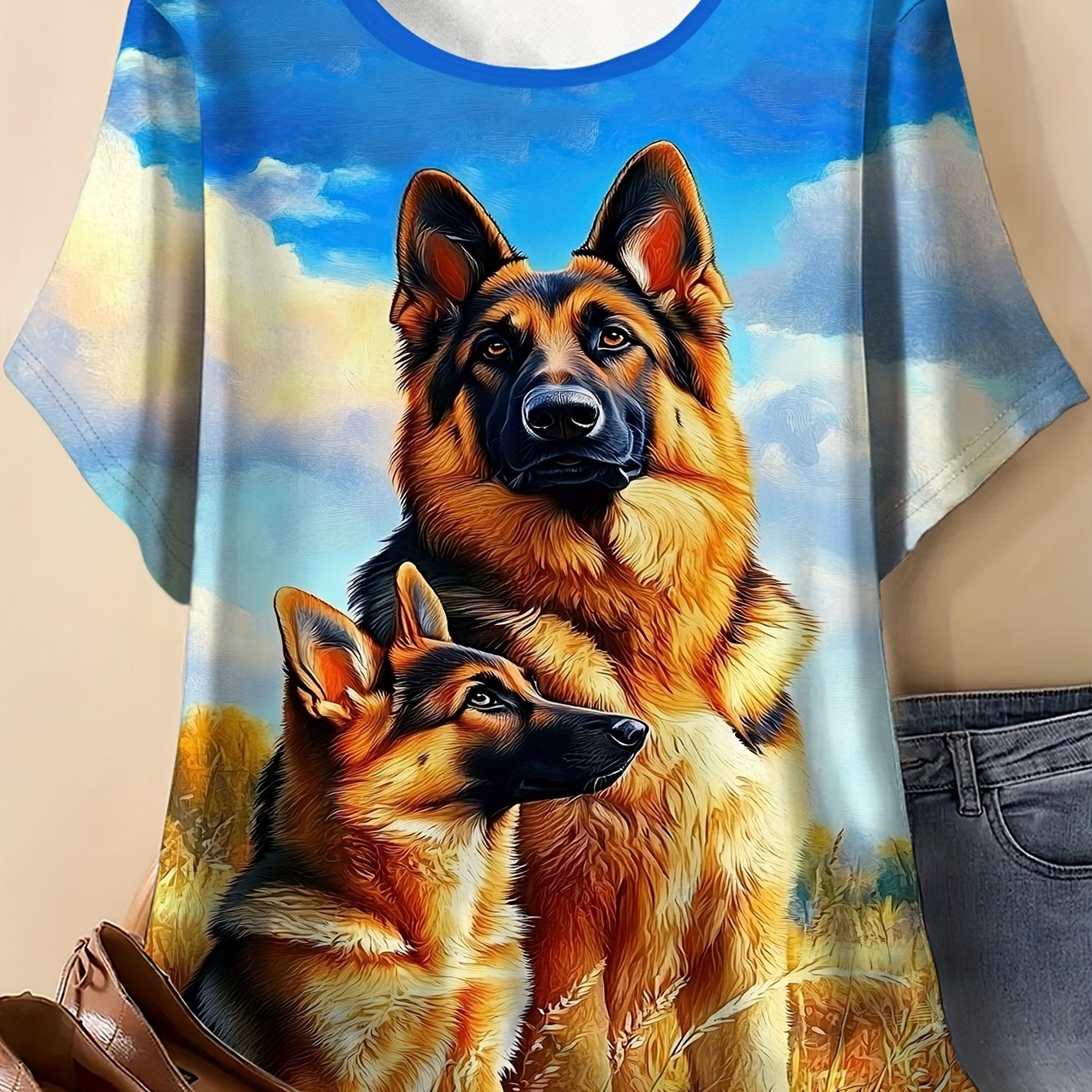 TEMU Plus Size - Plus Size - Plus Size Women' Puppies   Rice Ear Pattern Print T-shirt - Casual Short-sleeved Round Neck Top, Retro Popular Art