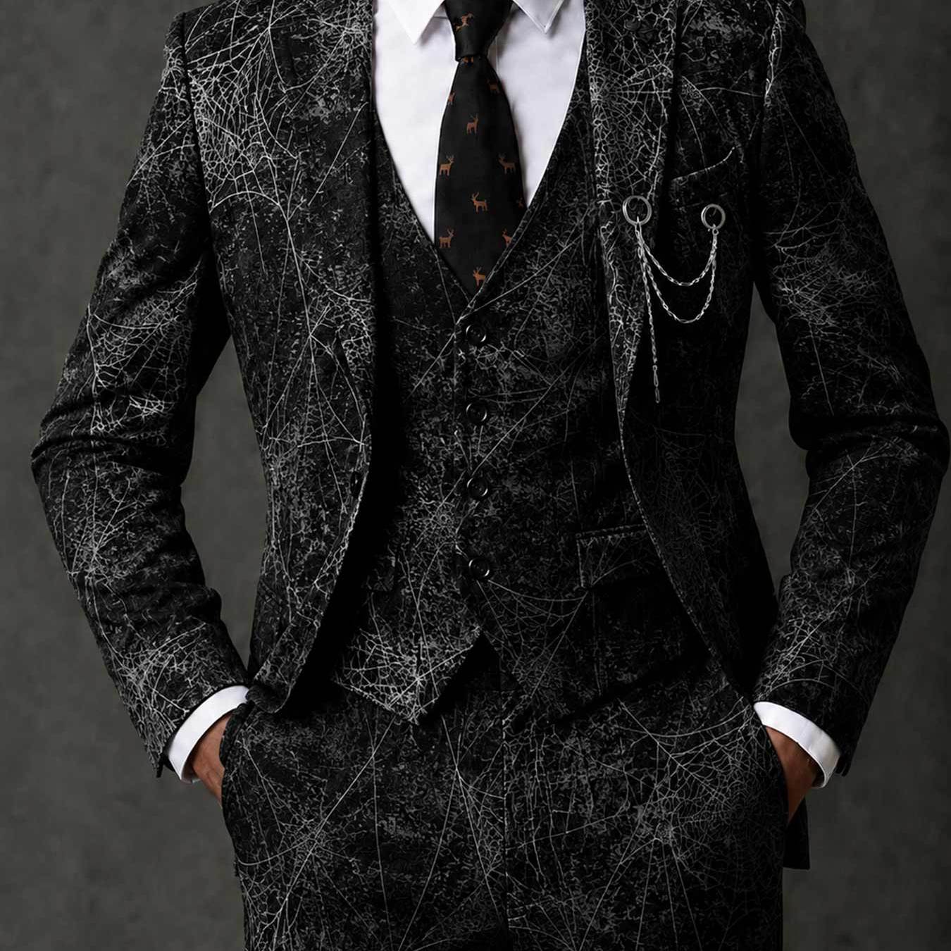 Men's 3pcs Suit Set With Spider Web Pattern Elegant Formal For Evening Parties And Stylish Events Sophisticated Black , Plus Size