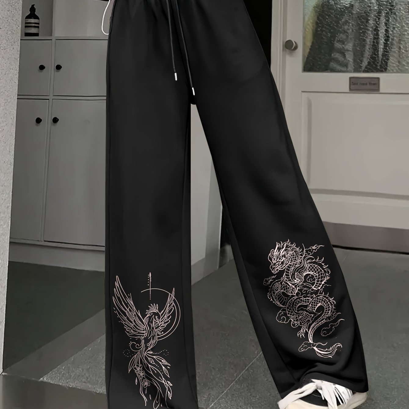 TEMU Dragon And Phoenix Print Loose Fit Straight-leg Pants, Casual Hip-hop Street Pants, Wide-leg Trousers, Women's Clothing