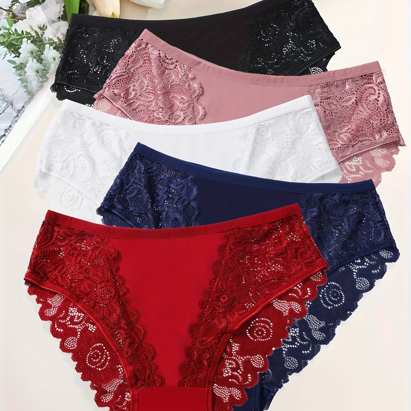 5pack Women's Large Size Fashion Underwear Lace Stitching Wave Pattern Women's Large Size Underwear