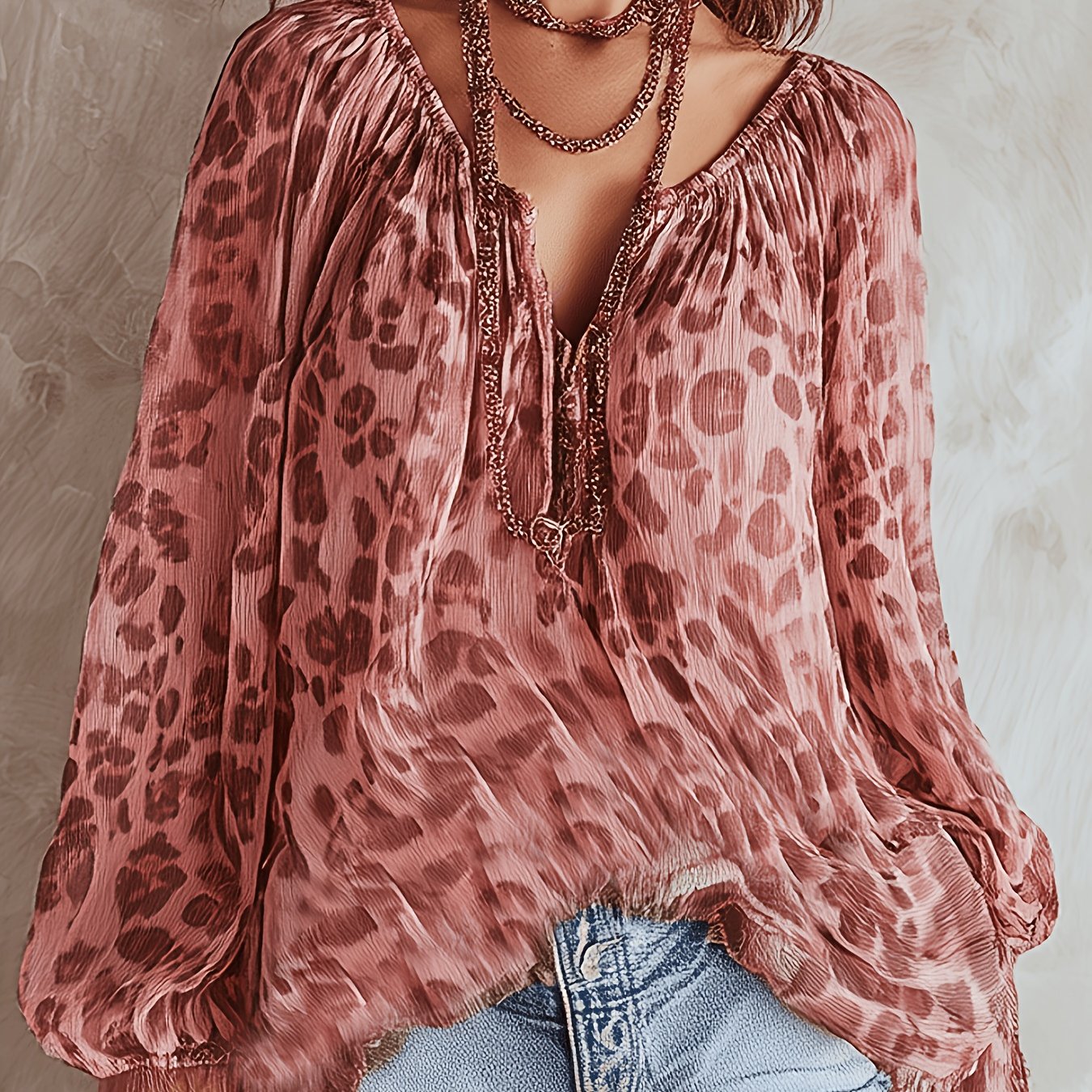 Bohemian Pink Leopard Print Chiffon Lantern Sleeve Top
