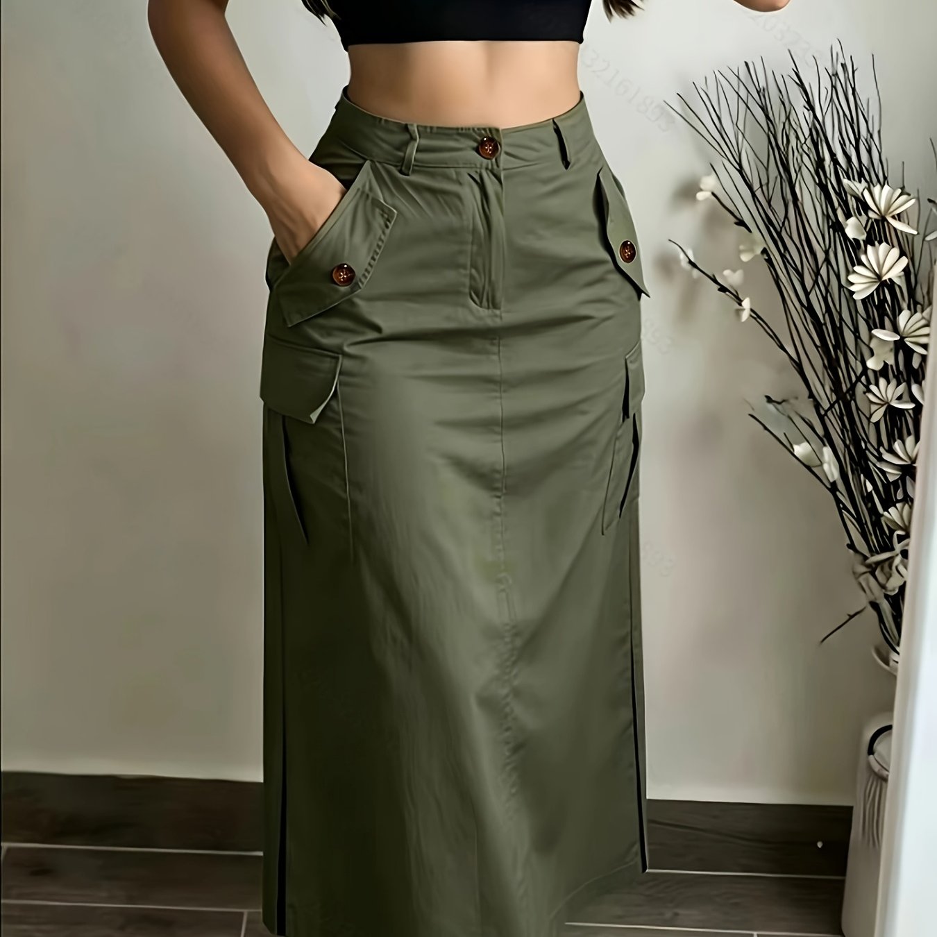 TEMU Falda larga de cintura para mujer con múltiples bolsillos y abertura lateral - Sin cinturón - Dobladillo sobrepuesto, adecuada para atuendos