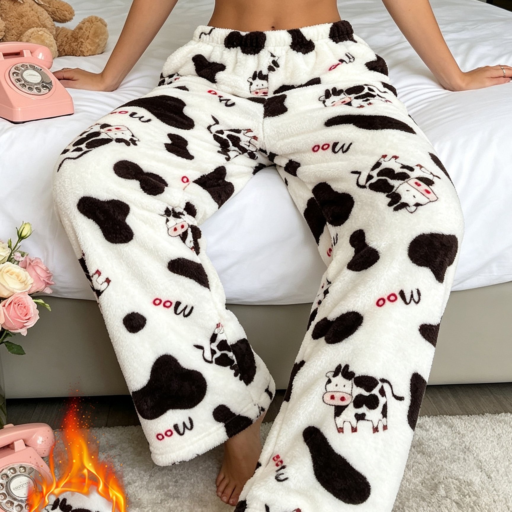 TEMU [26aw Home Trend] New Fleece Women's Pants, Cute Cow Print Cartoon Printed Plush Sleep Trousers, Comfortable Long Pants