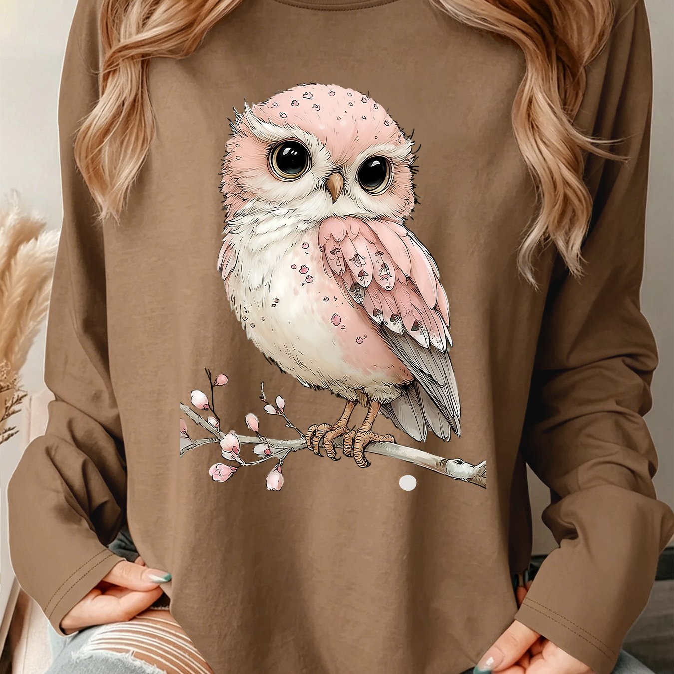 TEMU 2026 Women's Renewal: Women's Autumn/winter Clothing, Floral Branch Watercolor Print Crew Neck Long Sleeve T-shirt, Worn As A Base Layer Or