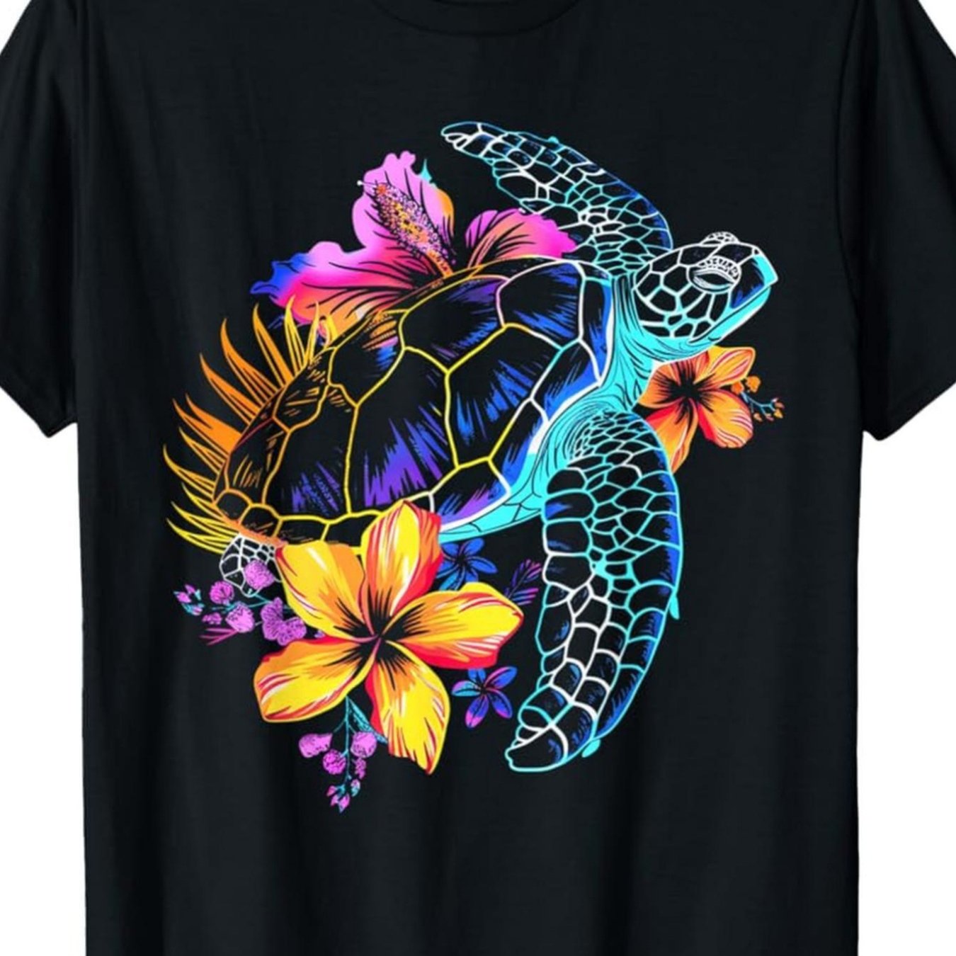 Men's Vintage Sea Turtle & Hibiscus Flower Tshirt Soft Breathable Round Neck With Vibrant Turtle & Hibiscus Print Relaxed Fit Casual Beachwear For Everyday, Plus Size