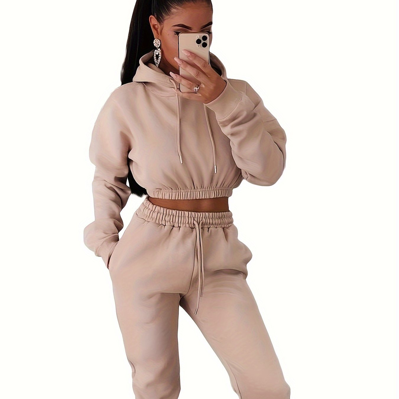 Image of European And American Women's Clothing Autumn And Winter Fleece Solid Color Hooded Sweatshirt Casual Two-piece Set