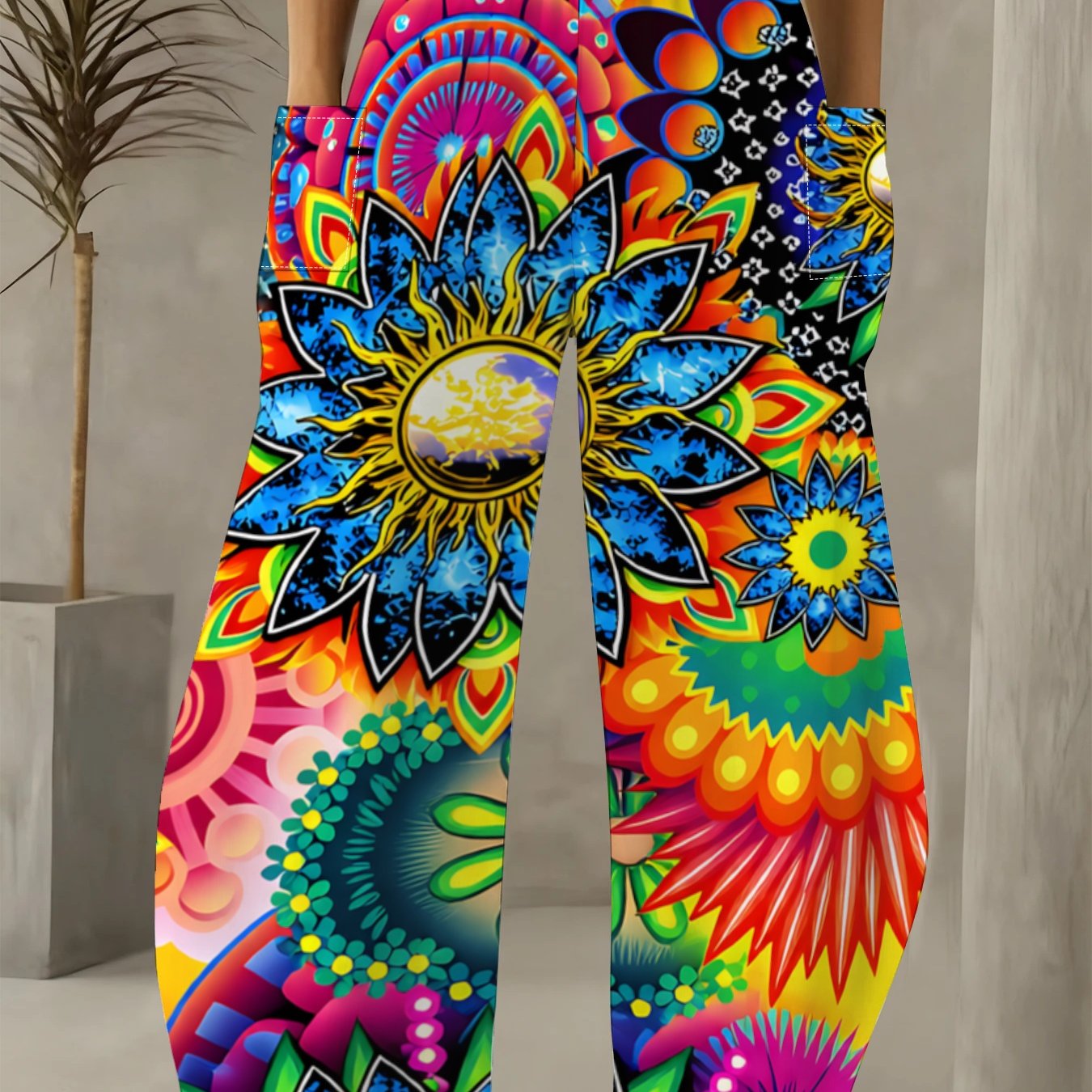 TEMU Women's Stylish Wide-leg Pants With A Vibrant Ethnic Design, Featuring A Gradient Sunflower Print. Loose-fitting, Pocketed Casual Trousers Are