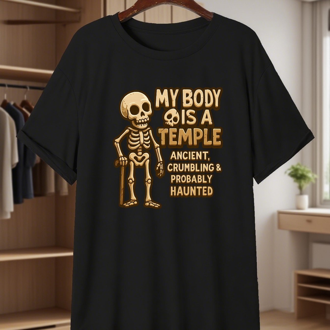 TEMU Men's Plus Size " Is A Temple" T-shirt With Skeletal Print - Short Sleeve Casual Round Neck Summer Top, Comfortable Statement Tee For Gym &