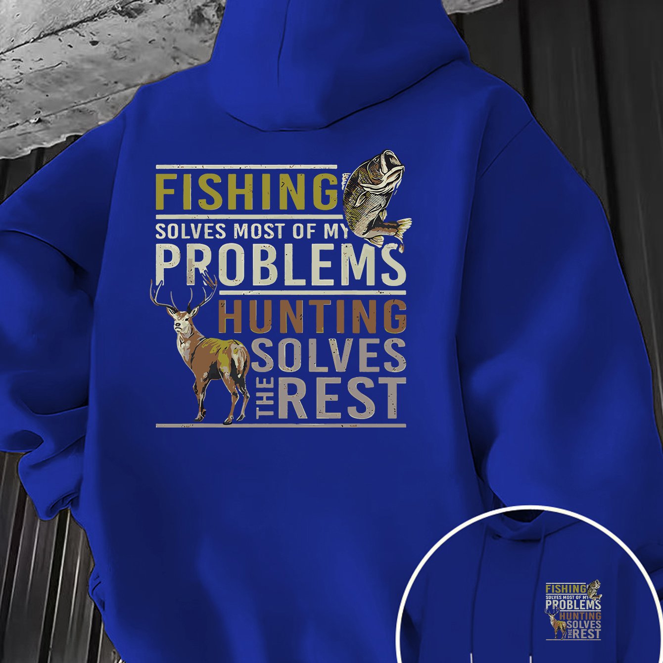 TEMU Fishing Most Of My Problems Hunting Deer Deer Vintage Distressed Text Print Hoodie, Back Large Pattern Front Chest Badge Design, Suitable For