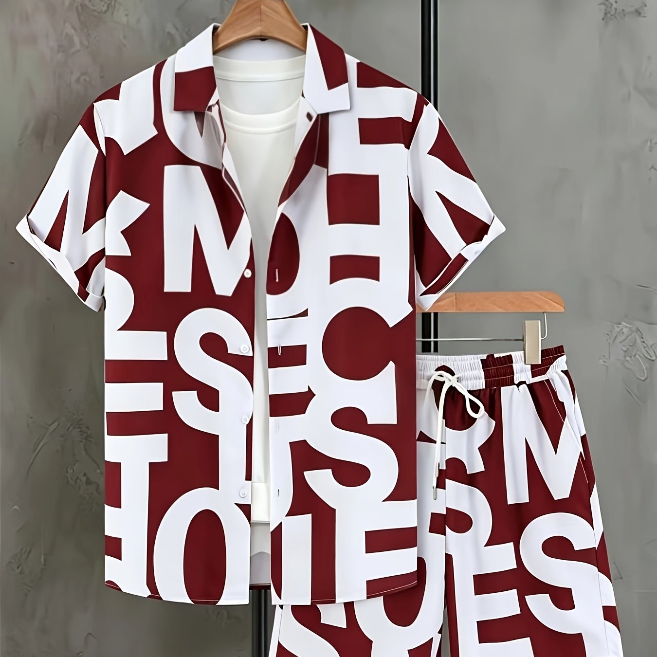 TEMU Men's Black And White Letter Print Short-sleeved Shirt And Shorts Homewear Set