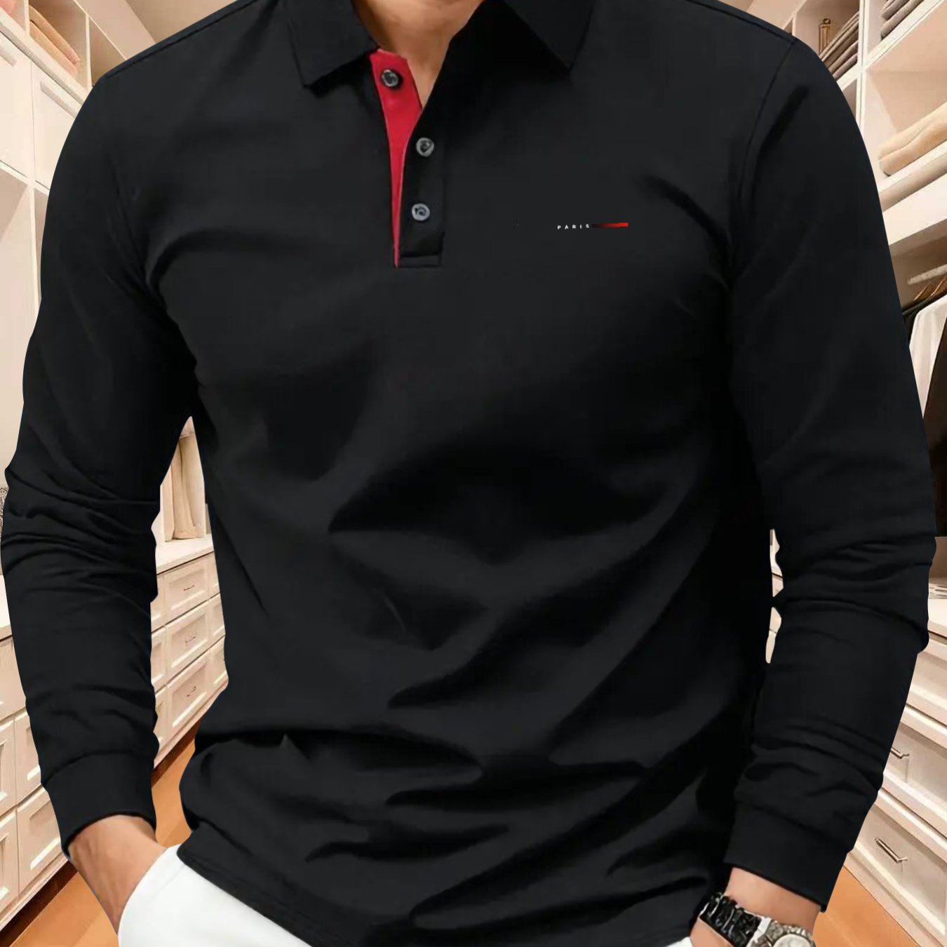 TEMU Polo à manches longues haut de gamme pour homme avec imprimé à rayures de couleurs et lettres, polo à , et confortable pour tenue décontractée