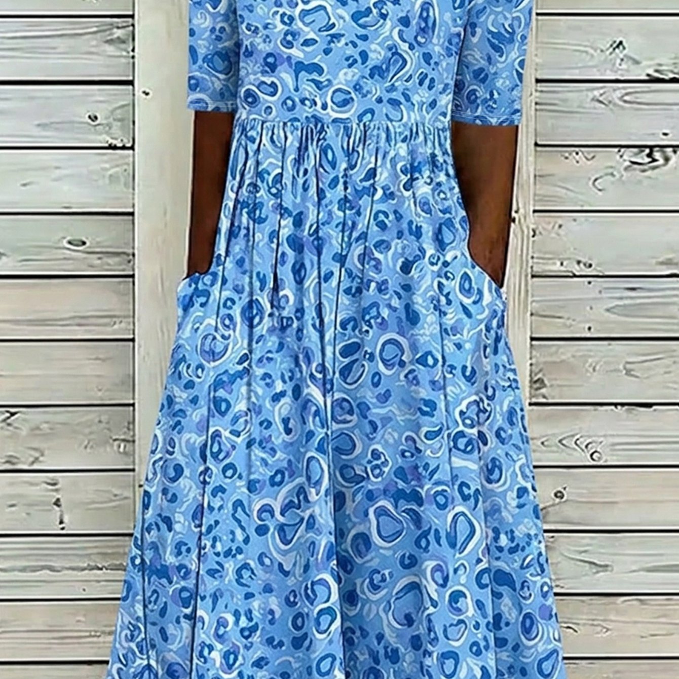 Image of Women's Blue Abstract Swirl Print Round Neck Half Sleeve A-line Dress Summer Loose Fit Flowy Midi Dress Casual Style Fresh Vacation Dress With Pockets For Daily Wear