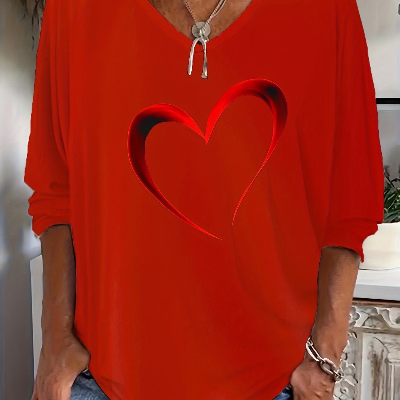 TEMU Plus Size, Plus Size Women's Fashion V-neck T-shirt - Gradient Heart Print Top | Versatile For Casual And Vacation Wear | 3/4 Sleeve Design |