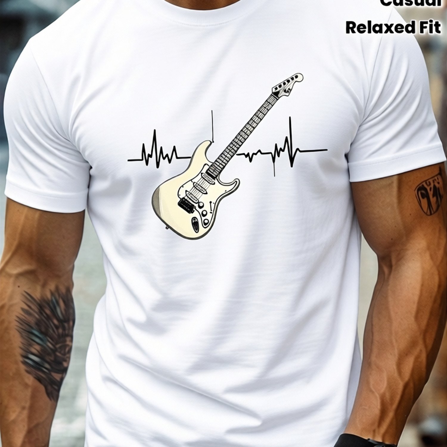 Image of Men's Electric Guitar Heartbeat Graphic T-shirt - Tee With Heartbeat Line, Lightweight Crew Neck Shirt For Concerts, Casual Attire - Rock Band Apparel Gift For Guitarists, Casual Top, Relaxed