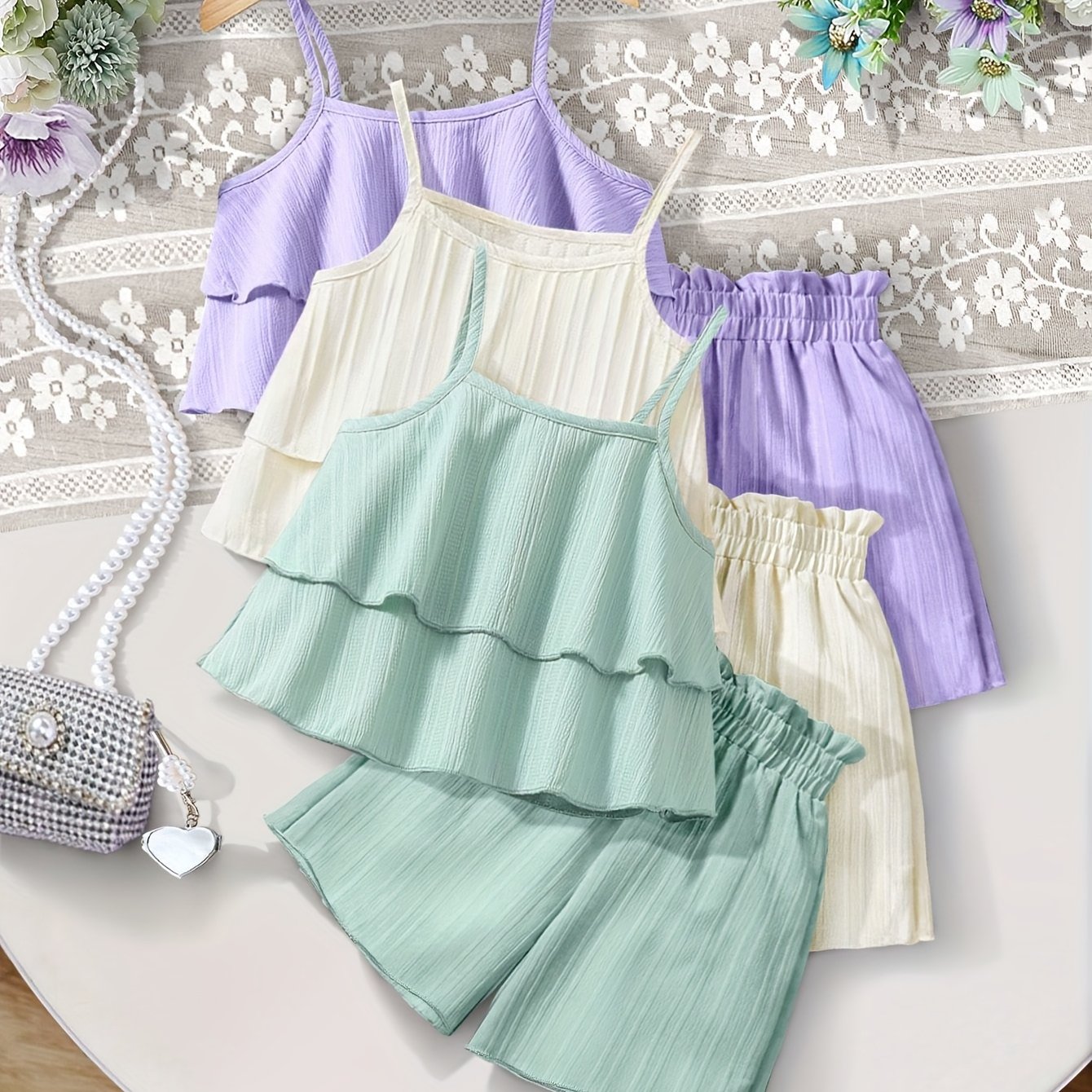 Image of 3-pack Set, Girls' Summer Outfit, Solid Stripe Layered Hem, Casual Polyester Woven Fabric, Sleeveless Tank Top And Shorts, Loose Fit, 100% Polyester, Suitable For Outdoor Wear