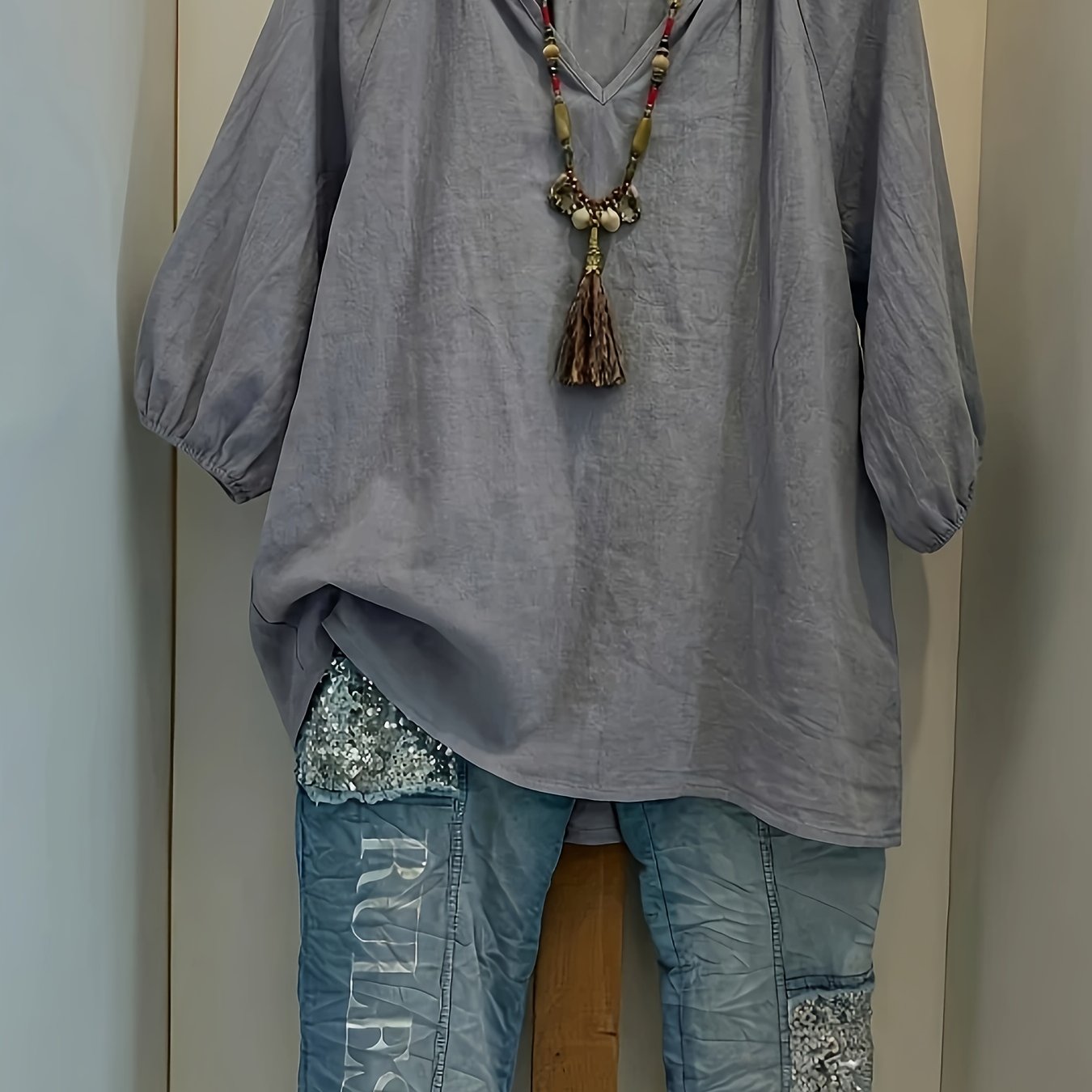 E-shop Elegantes Damen Leinenoberteil im Resort-Stil, einfarbig, V-Ausschnitt, lockere Laternenärmel, lässiges und bequemes Drop-Sleeve-Design,