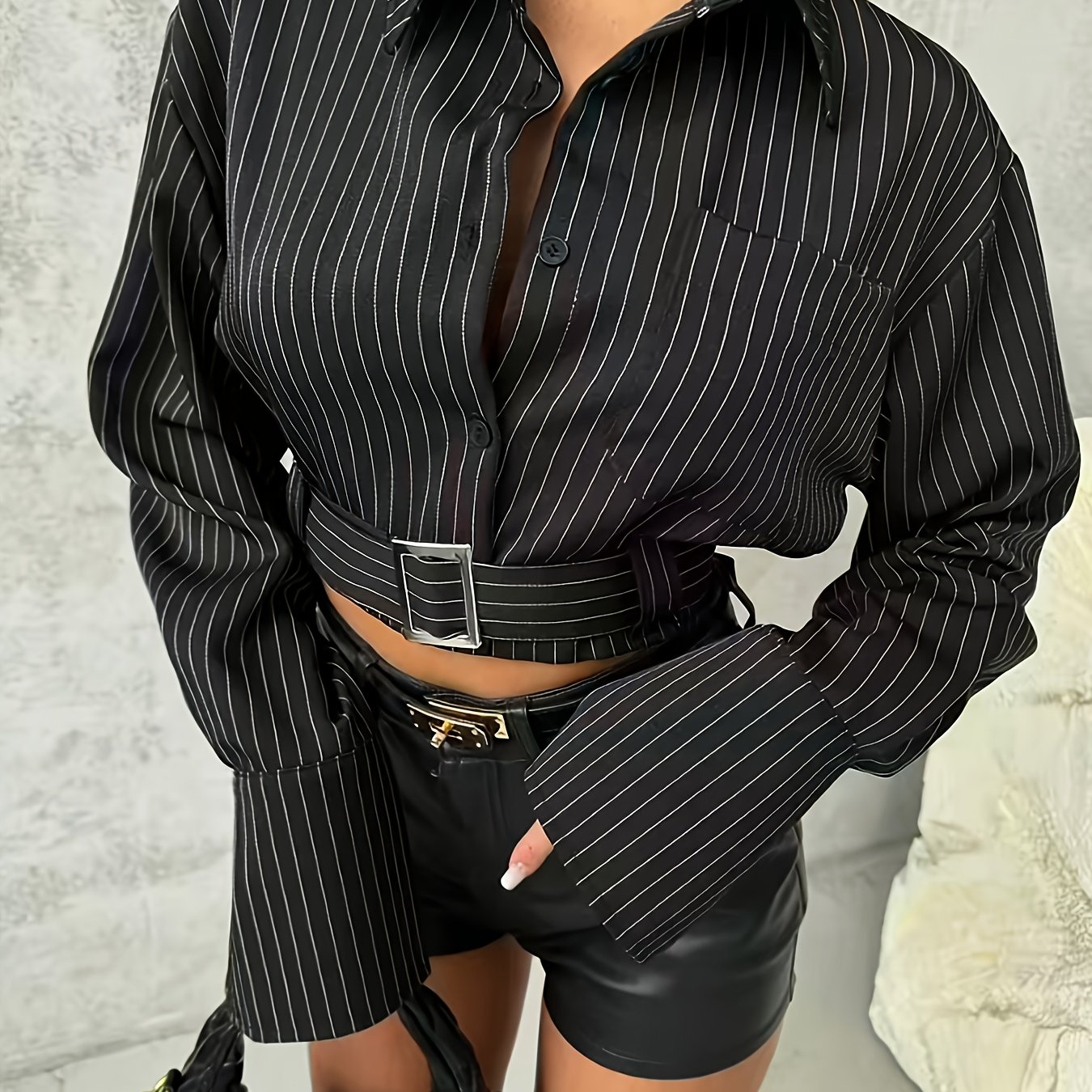 TEMU Chic Women's Black Short Striped Blouse With Shirt Collar Drop Shoulder Sleeves And Belt Detail Pocket And Button Front Details