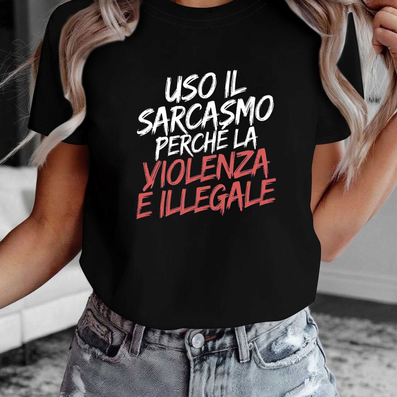 TEMU Plus Size, Women's Plus Size Italian Sarcasm T-shirt " Sarcasm Violence Is Illegal" Funny Statement Top - Italian Print Short Sleeve Crew Neck