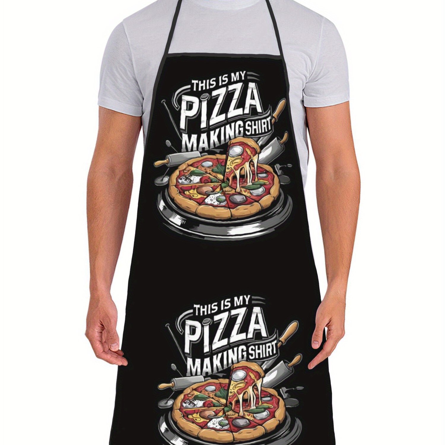 TEMU Pizza Making Shirt Adjustable Cooking Apron - Retro Style Unisex Kitchen Apron With Pizza & Utensils Print, Black & For & Pizza Lovers, Pizza