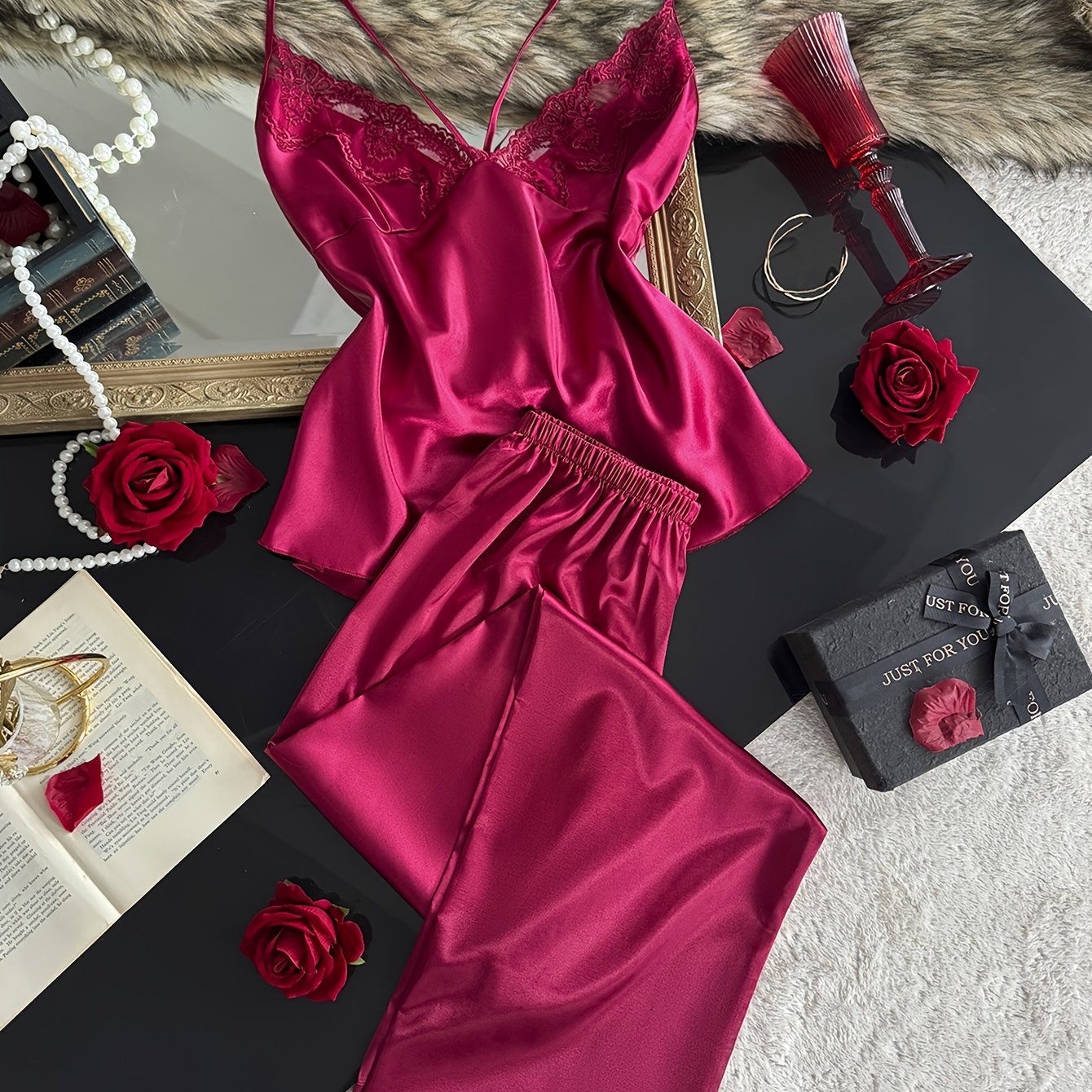 E-shop Damen Spitze Splicing Bequemes V-Ausschnitt Camisole Lang Hose Schlafanzug Set 2-tlg