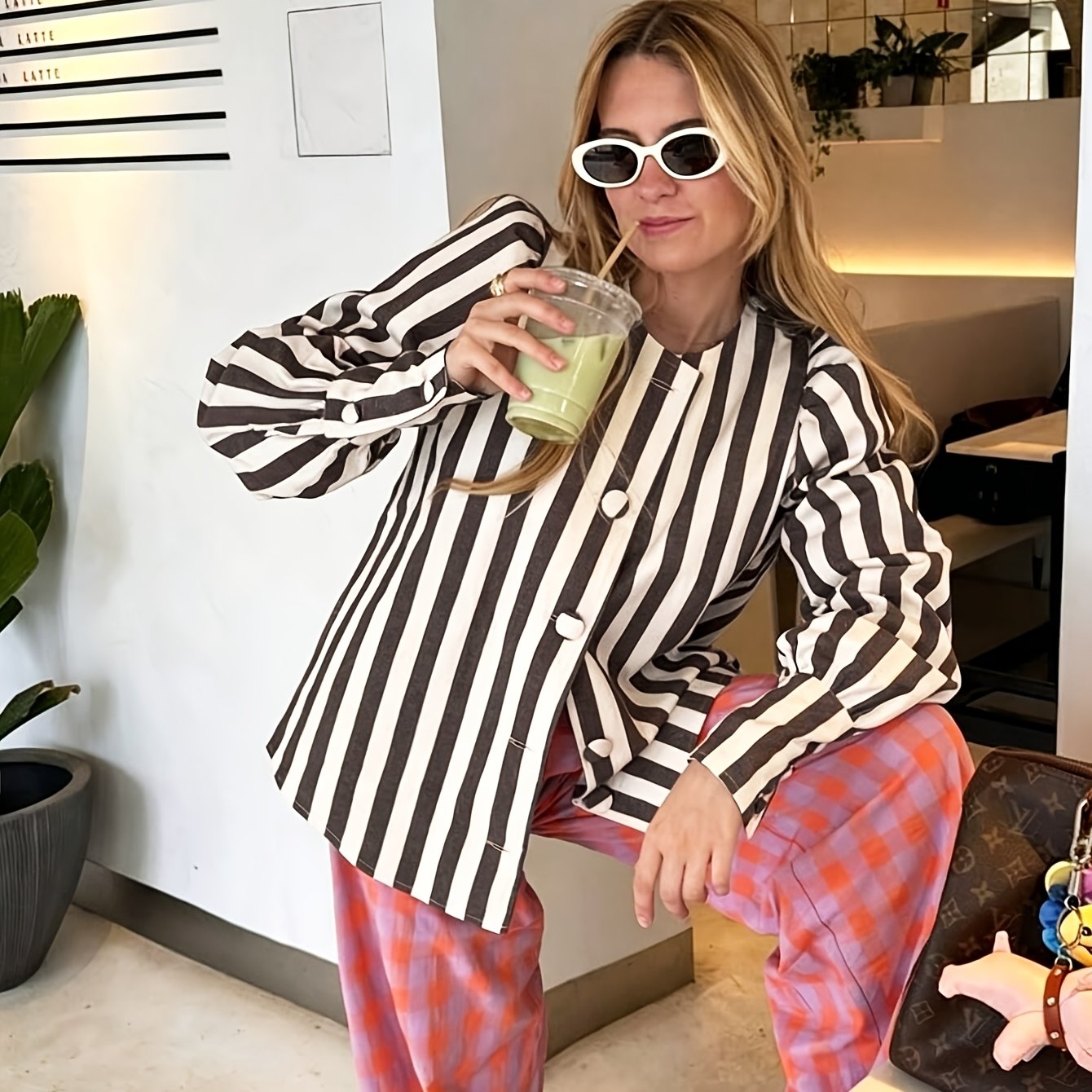 TEMU Spring/autumn New Women's Contrast Striped Shirt, Round Neck Single-button And Puff Sleeve Design, French Retro Versatile Cardigan