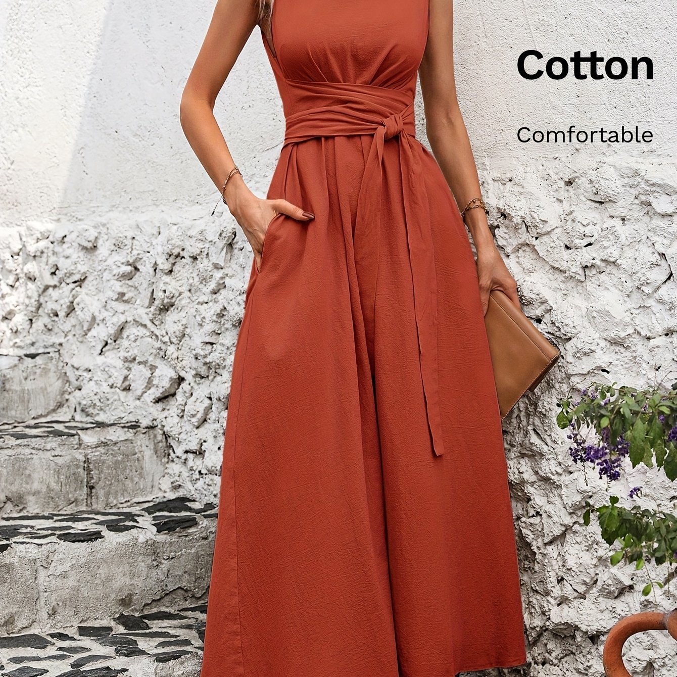 Solid Color Casual Tie-back Sleeveless Dress