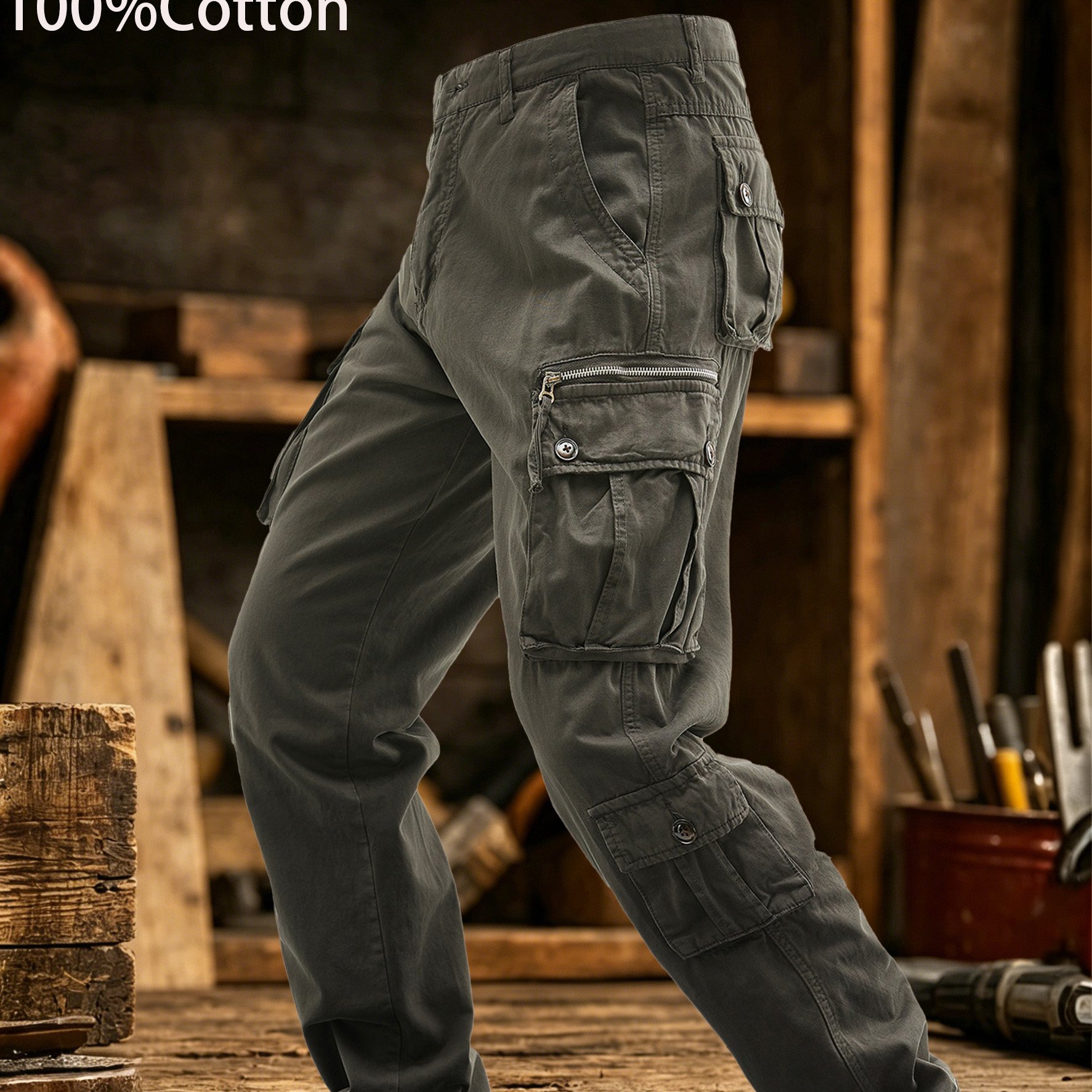 Image of Men's 100% Solid Cargo Pants, Plus Size Multi-zipper Button Pockets Straight Leg Work Trousers, Outdoor Tactical Casual Pants For Hiking Fishing