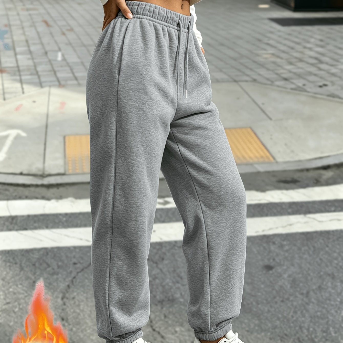 TEMU New Autumn/ Casual Solid Color Women's Long Pants With Drawstring And Pockets, Thickened -lined, Warm And Cold-resistant, Loose Fit Long Women's
