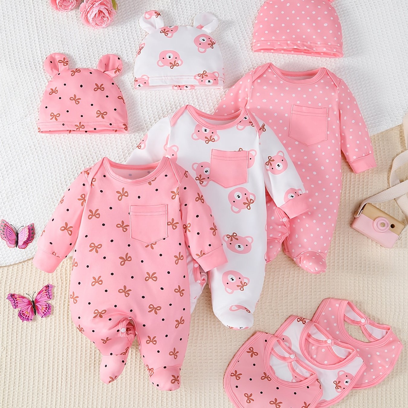 TEMU 9pcs Pink Bear Set For Baby Girls: This Set Includes Multiple Pink Onesies With Adorable Ear Hats And Practical Bibs. And Polka Dot Print Exudes