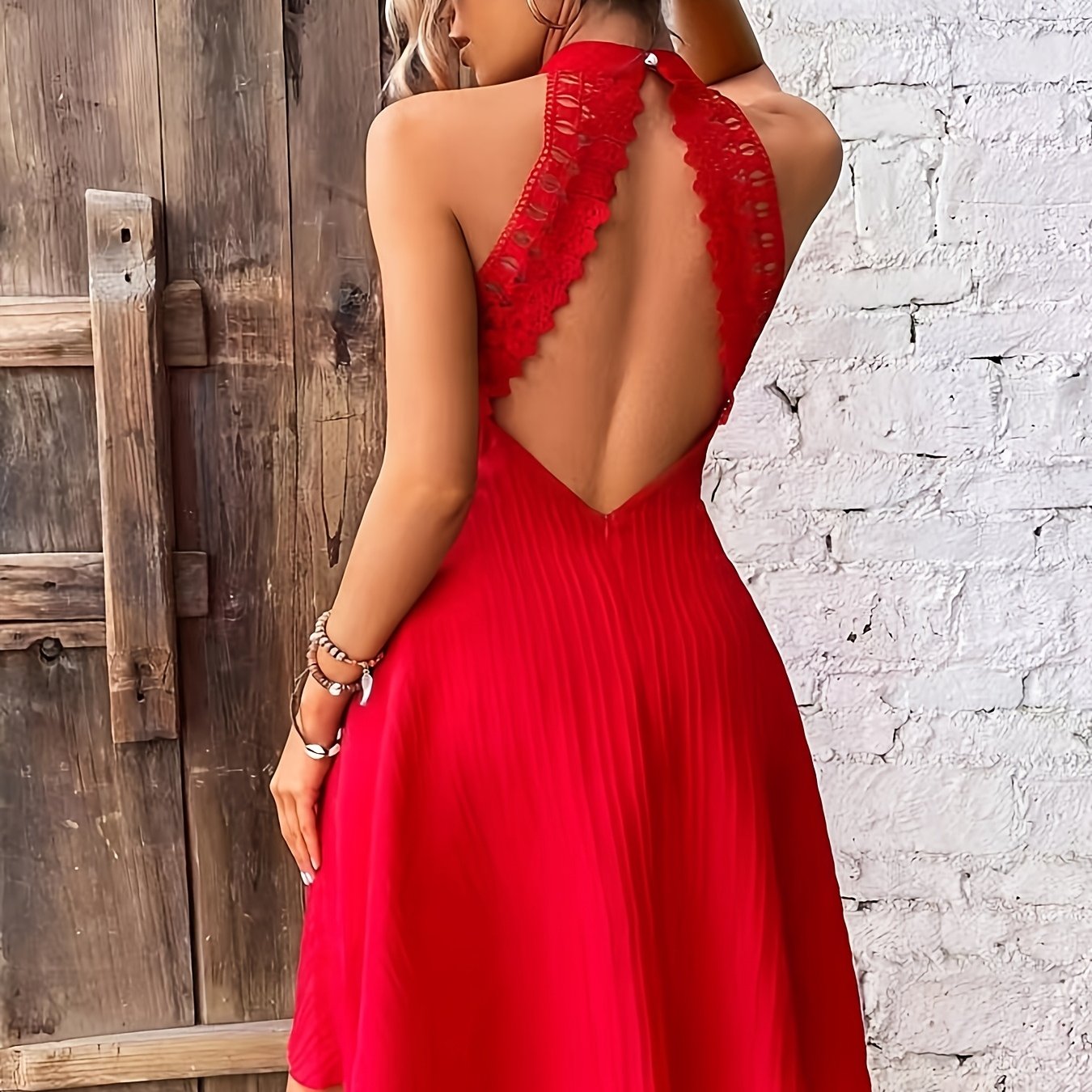 Women Elegant Lace Spliced Sleeveless Halter Neck Short Dress Spring Summer