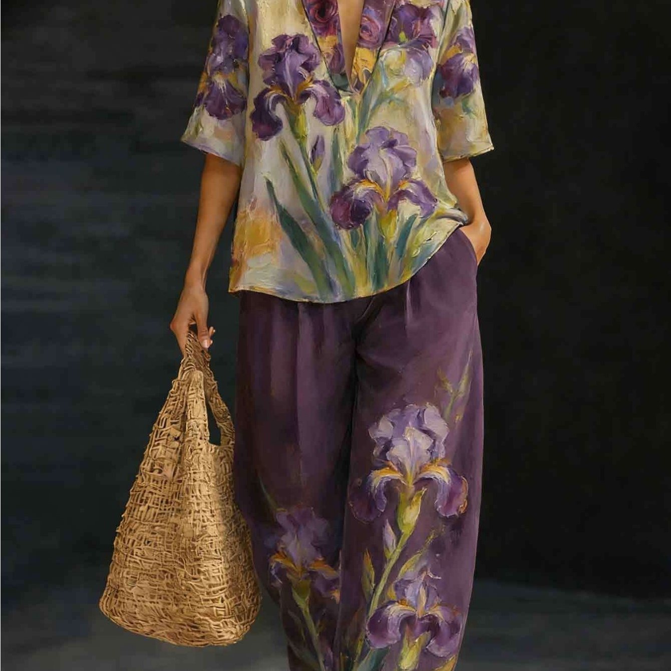 Plus Size 2pcs Set For Women, Elegant V-neck Outfit, Iris Print Short Sleeve Top And Wide Leg Pants Loungewear