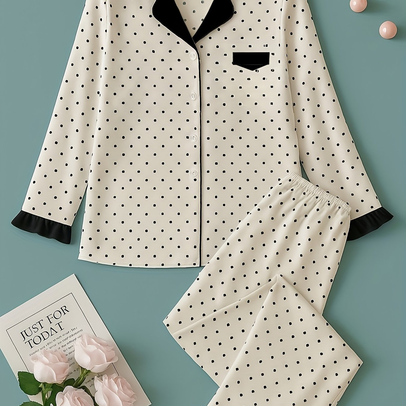 TEMU Long Sleeved Pajama Set For Women's Spot Color Home Clothes Two-piece Set Cardigan Long Sleeved Long Pants Outside Home Clothes Comfortable Breathable Pajama Set