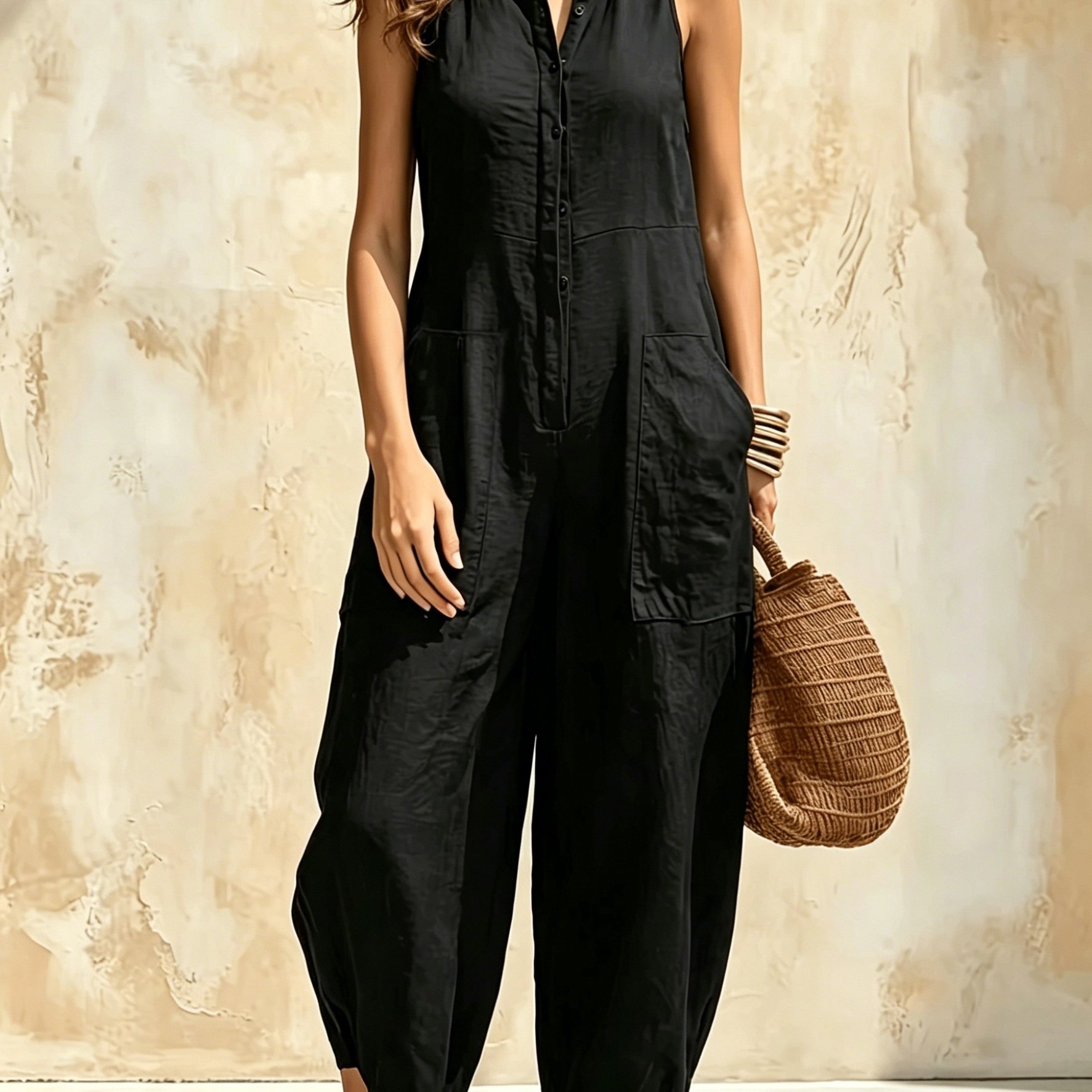 TEMU Relaxed Fit Wide-leg Jumpsuit, Designed Specifically For Women, Featuring Pockets And A Button-detailed Neckline With Off-shoulder Summer