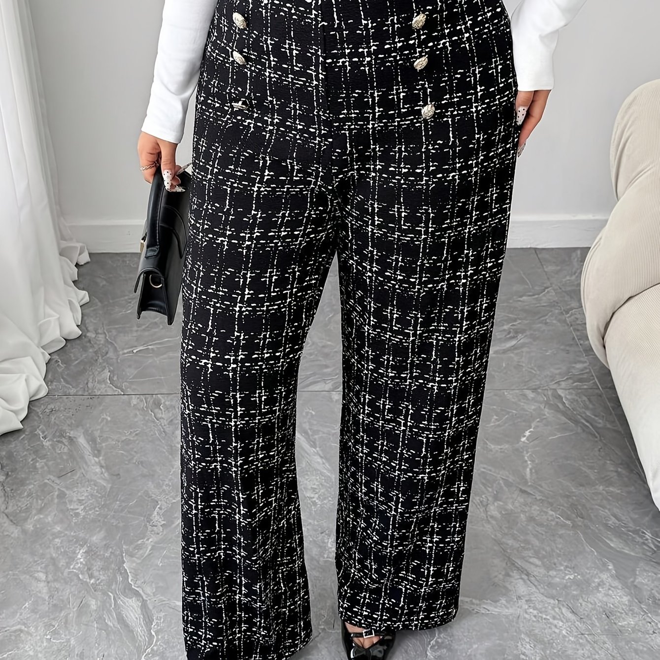 TEMU Plus Size - Plus Size - Plus-size Printed Stretchy Pants - High-waisted Elegant Long Trousers With Metal Buttons, Suitable For Occasions