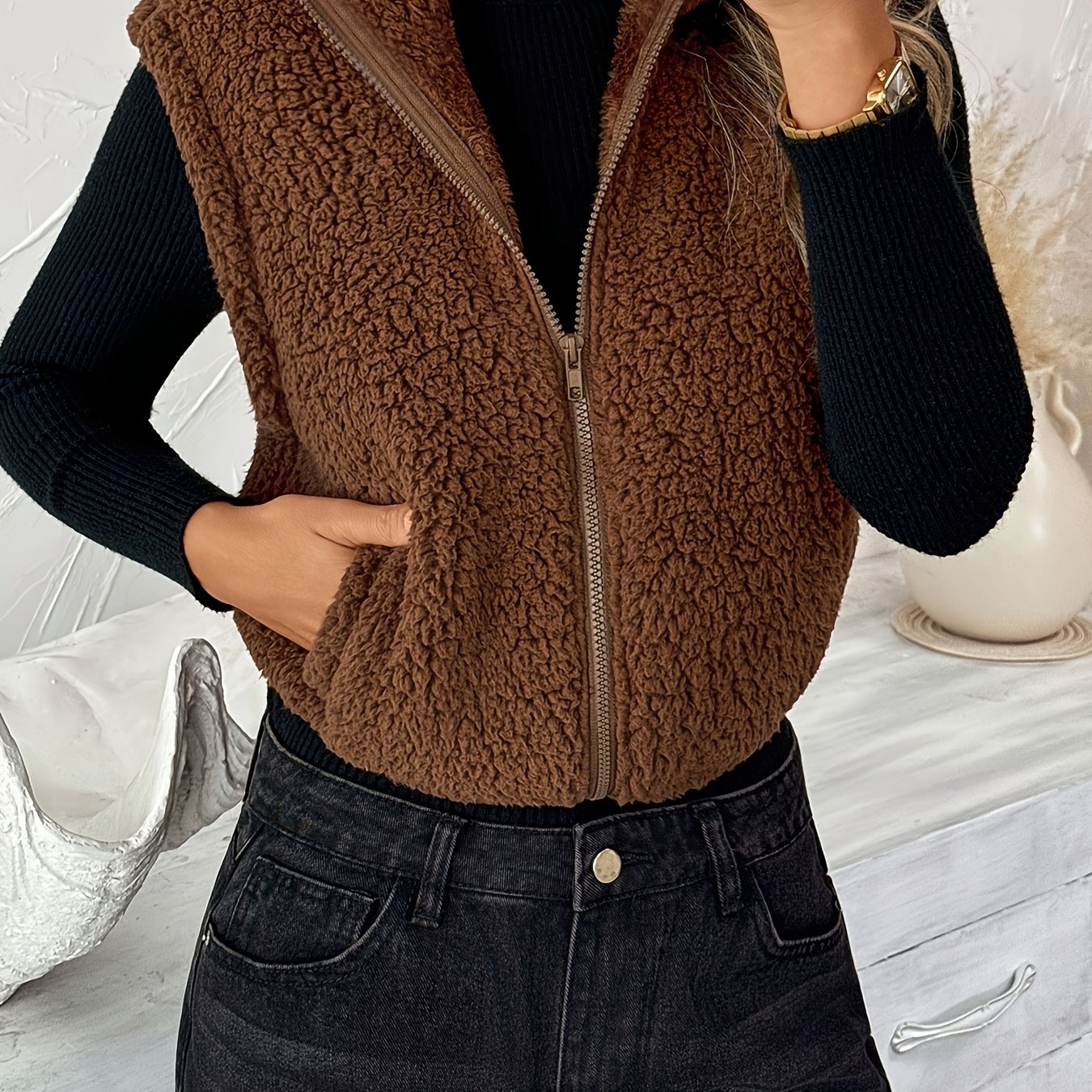 TEMU Gilet vintage marron à col et fermeture éclair pour femme, veste gilet manches courtes couche extérieure