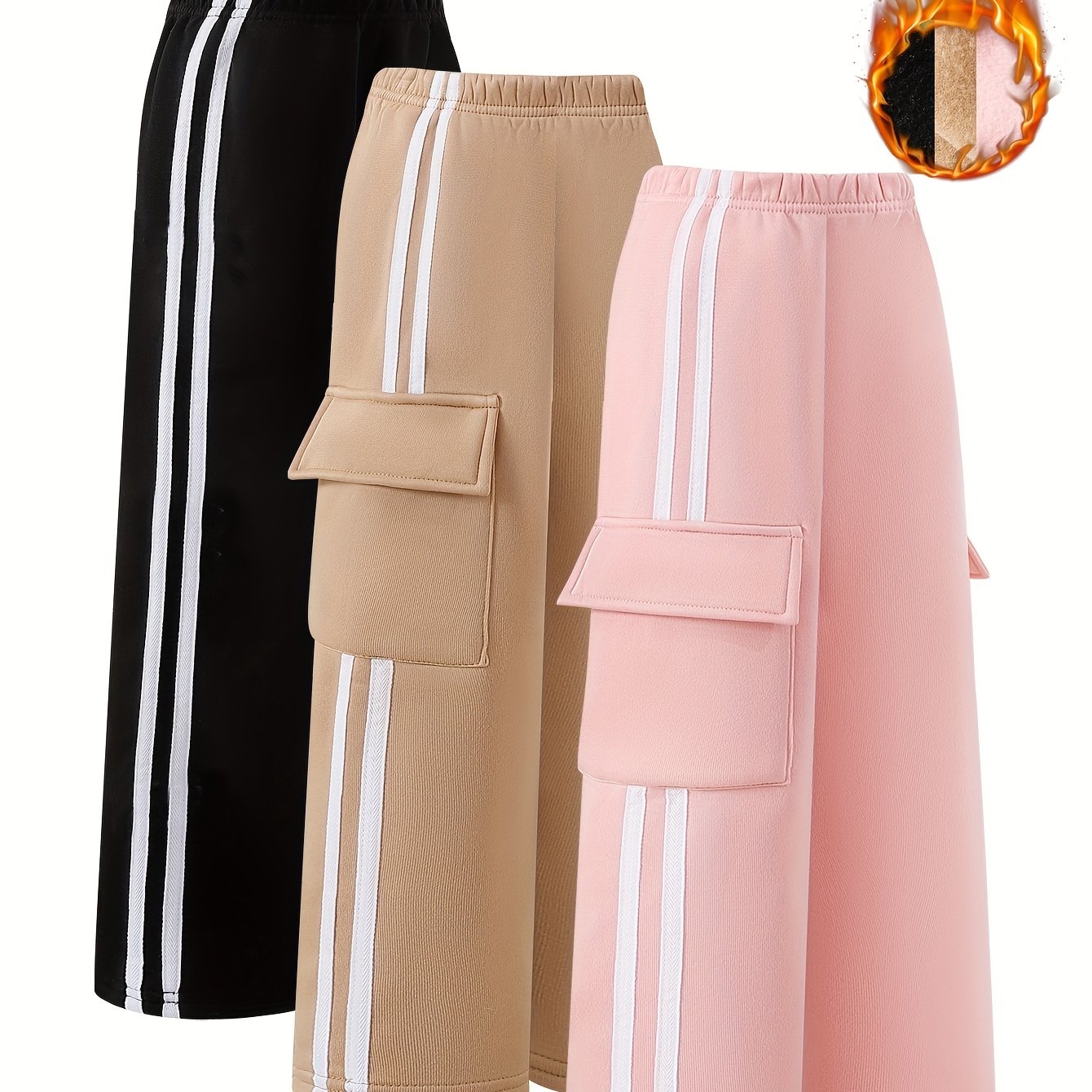 Image of Girls' Fashion Autumn/winter Plush-lined Thickened Sweatshirt Fabric Cargo Pants With Side Seam Stitching And 2 White Webbing Straps, Straight-leg Three-piece Set