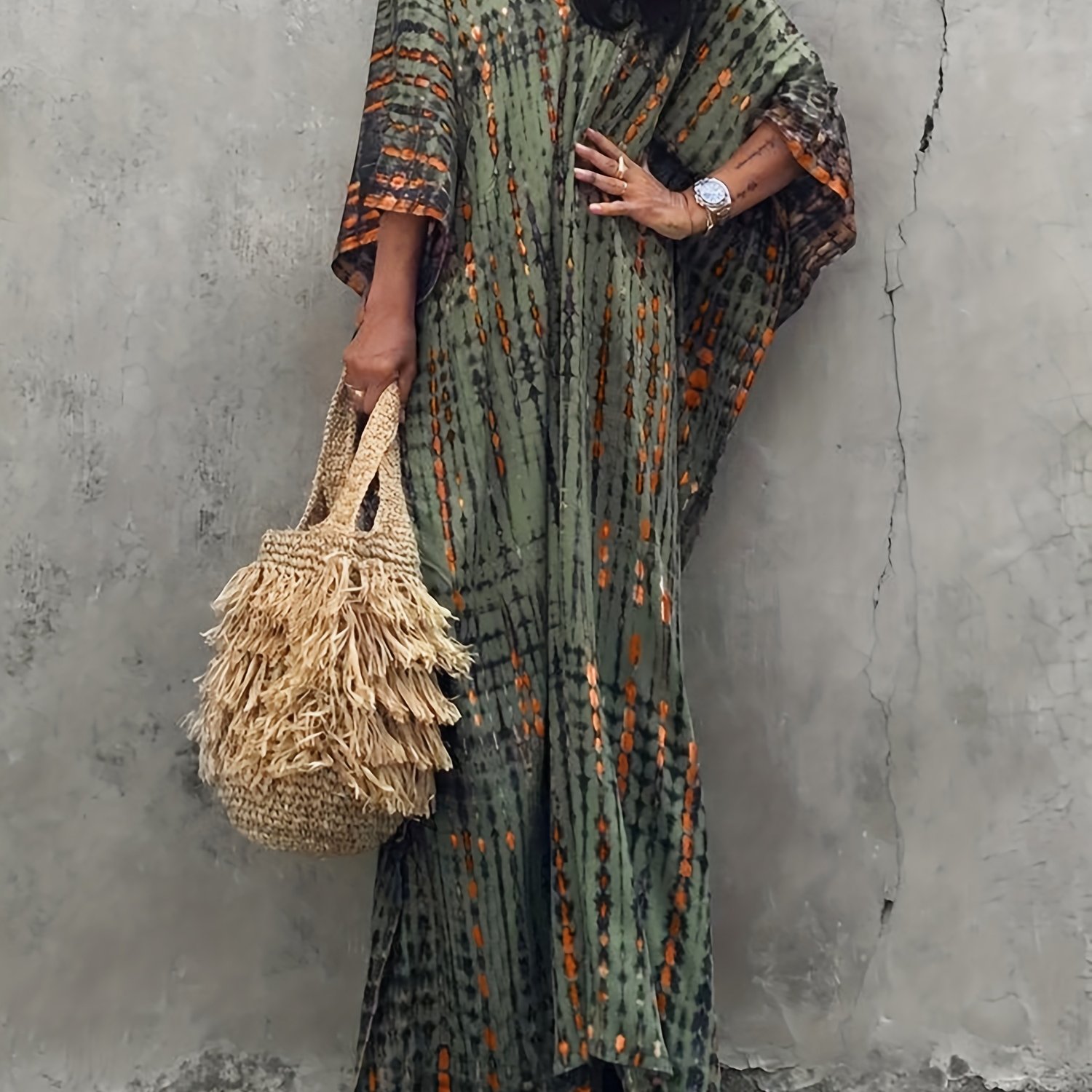 Plus Size, Plus Size Women's Printed Robe With V-neck, Loose Fit Casual Gown