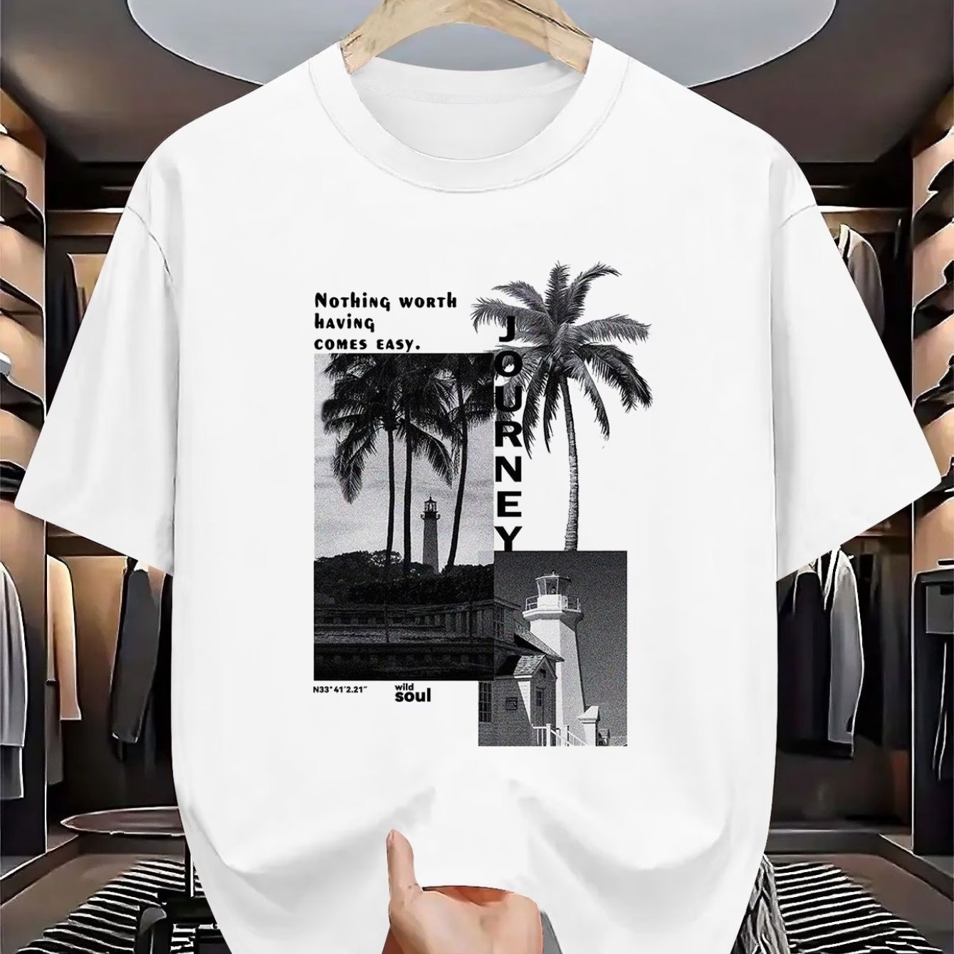 TEMU Coconut Tree Scenery Print T-shirt For Men, Summer Loose Fit Short Sleeve, Street Style Instagram-inspired Versatile Top