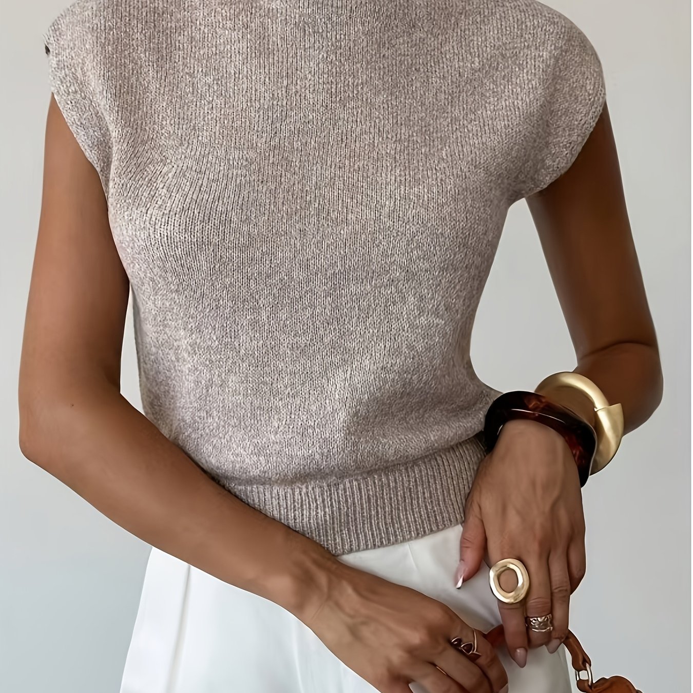TEMU Elegantes Damen Freizeit- und Büro-Outfit, locker sitzender, vielseitiger Kurz-Pullover mit Halb-Kragen