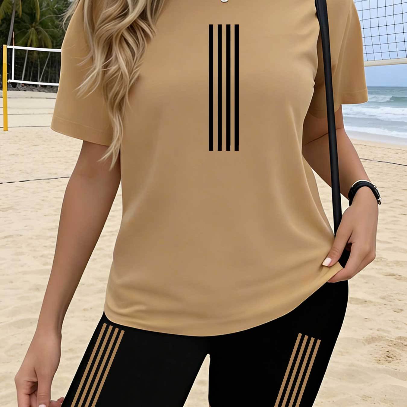 TEMU Y2k Women'-piece Set, Geometric Trend Popular Print Pattern, European And American Women's Round Neck T-shirt And Elastic Waist Shorts, Women's