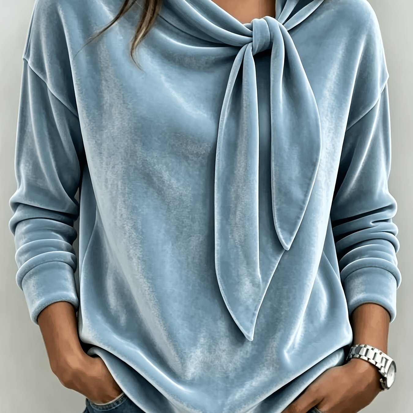 TEMU New Cross-border Fashion Casual Velvet Knotted Ribbon Long-sleeve T-shirt For Women