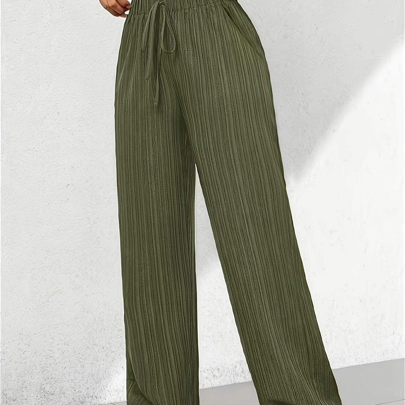 TEMU Women's Elegant Straight-leg Trousers With Tree Grain Wrinkle-texture Micro-stretch Fabric, Featuring A Comfortable Elastic Waistband With