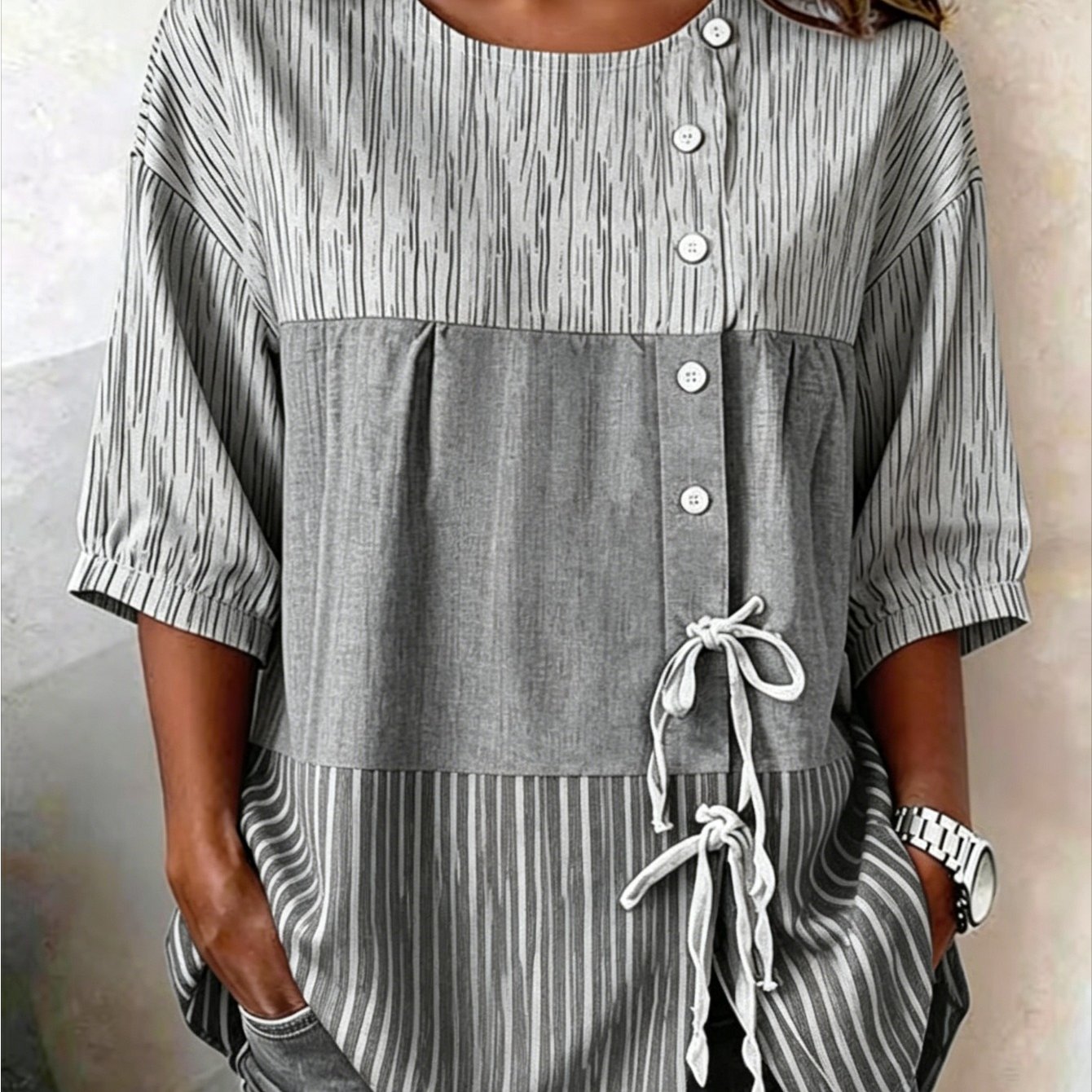 TEMU Plus Size - Women's Retro Contrasting Geometric Pattern Printed Lace-up Button- Shirt, Suitable For Casual Office, Women's Casual Loose Summer