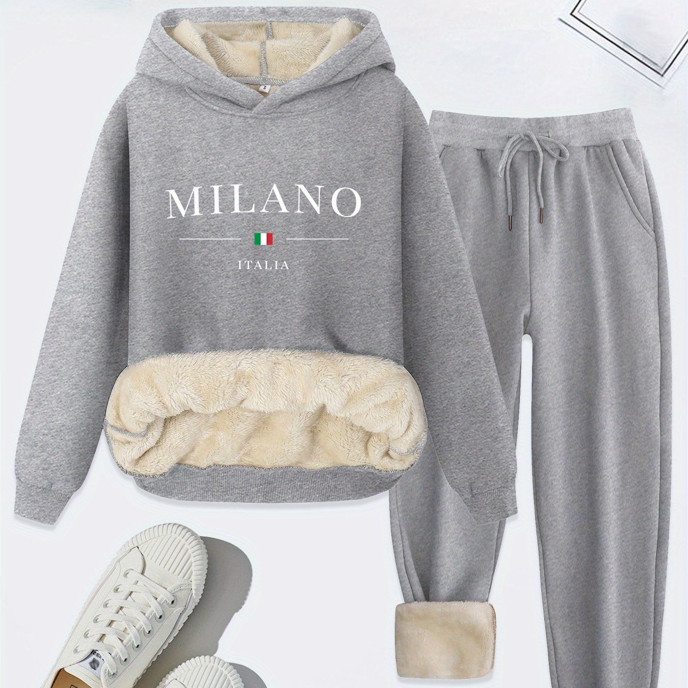 TEMU Completo da donna casual inverno 2026, e , con felpa con cappuccio imbottita e stampa di elementi di testo "", e pantaloni con tasche , set di