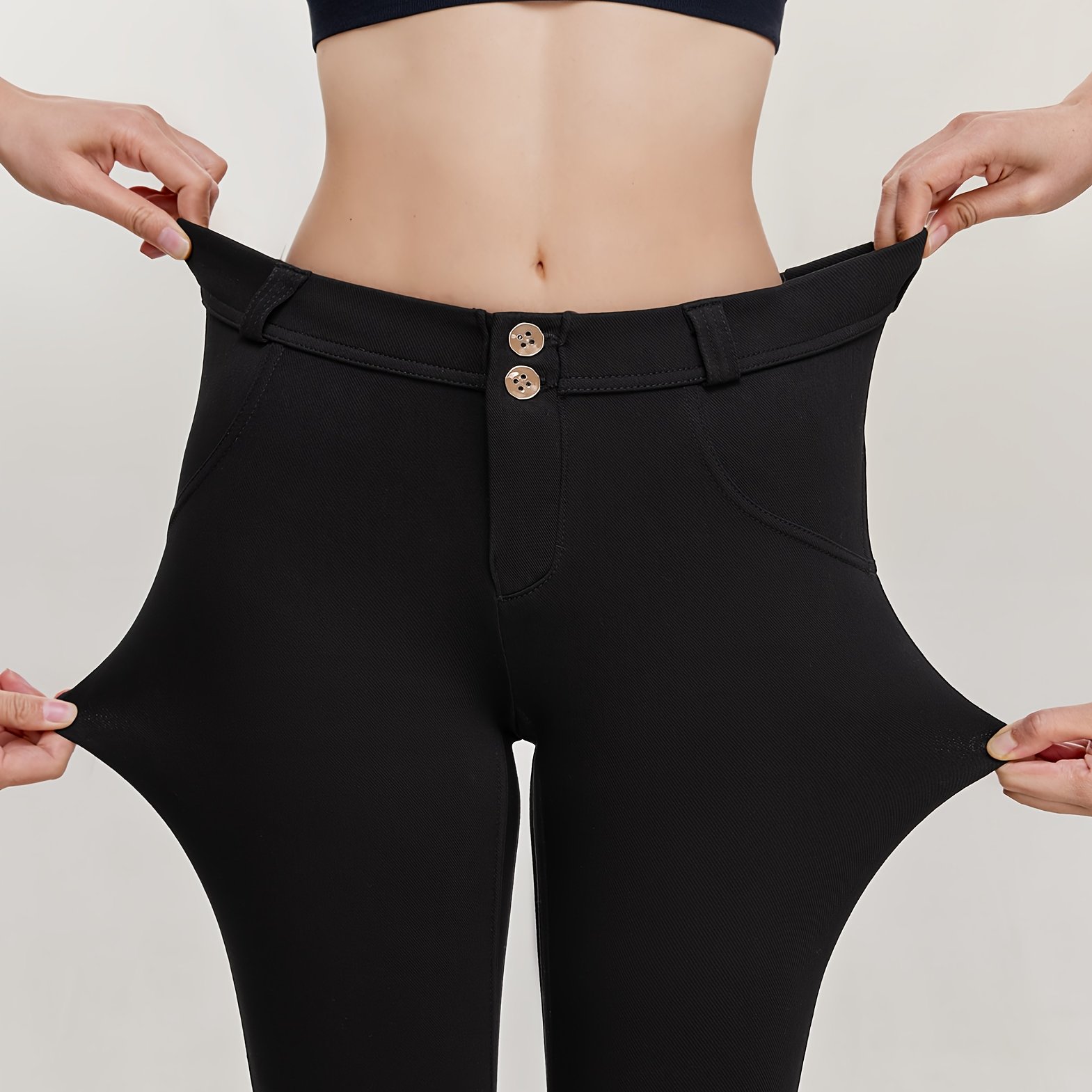 Black Square Pocket Stretchy -lifting Pants With Single-button Closure, Elegant Holiday Sport Jeans, Size For Women